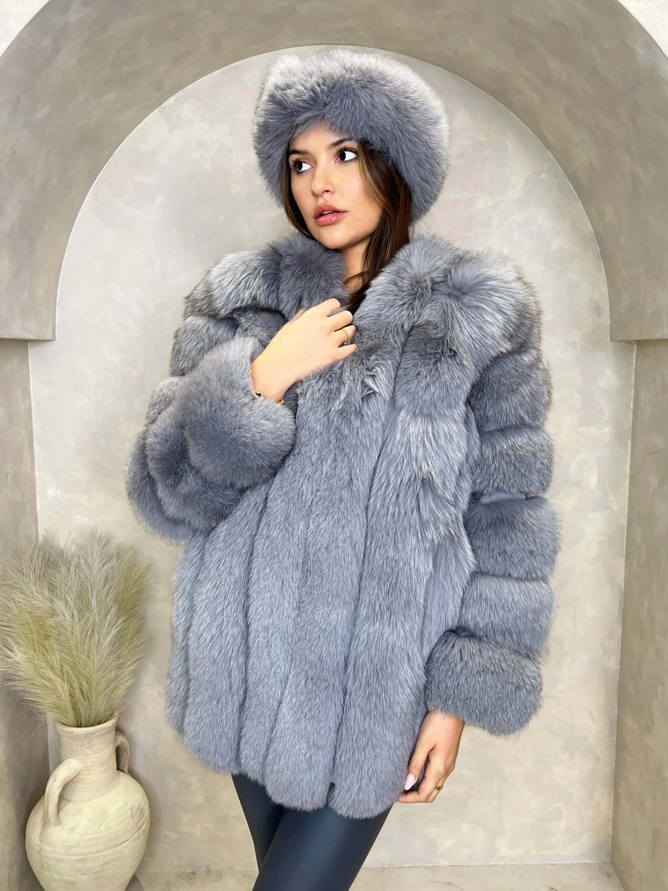 Grey Luxury Fur Mid Length Coat