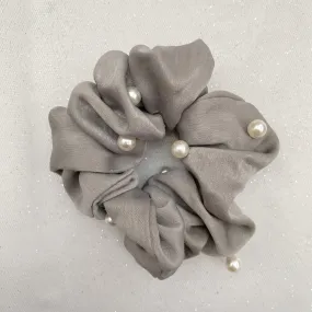 Grey Pearl Scrunchie in Satin