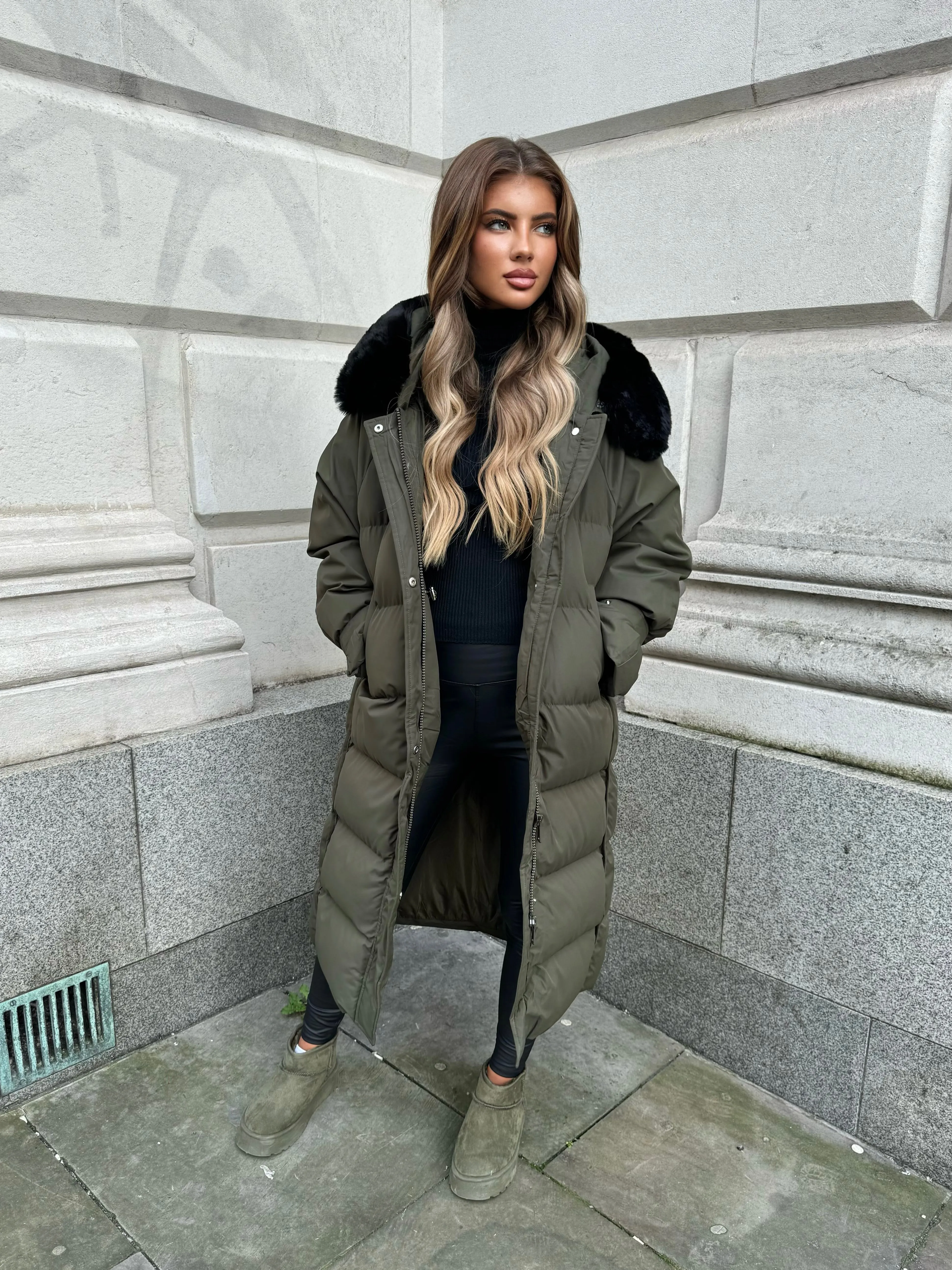 Hallie Padded Coat with Fur Hood  - Khaki