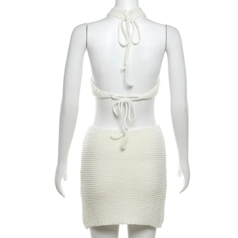 Halter self tie knitted backless mini skirt set