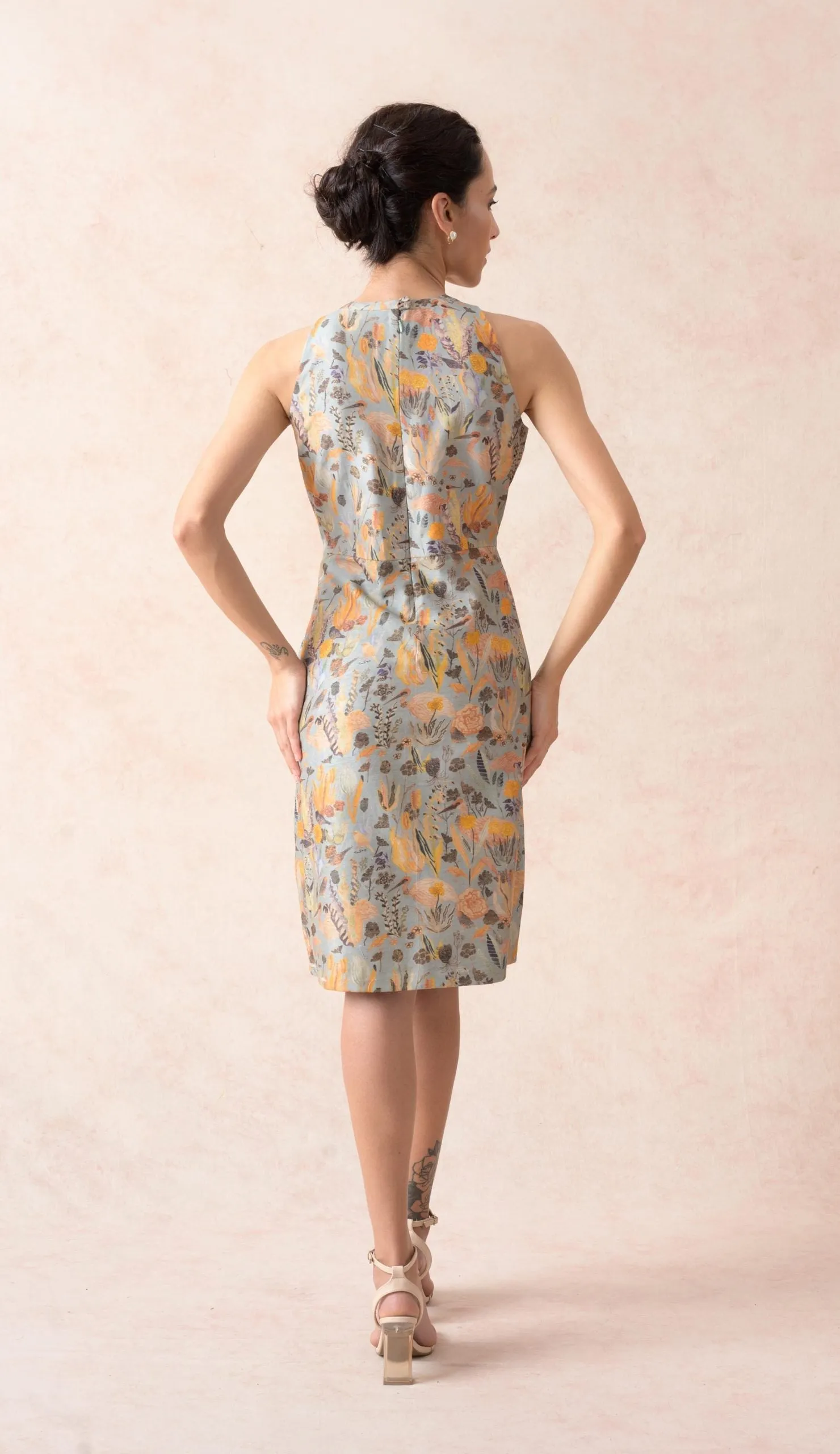 Hand embroidered cloud grey floral print dress