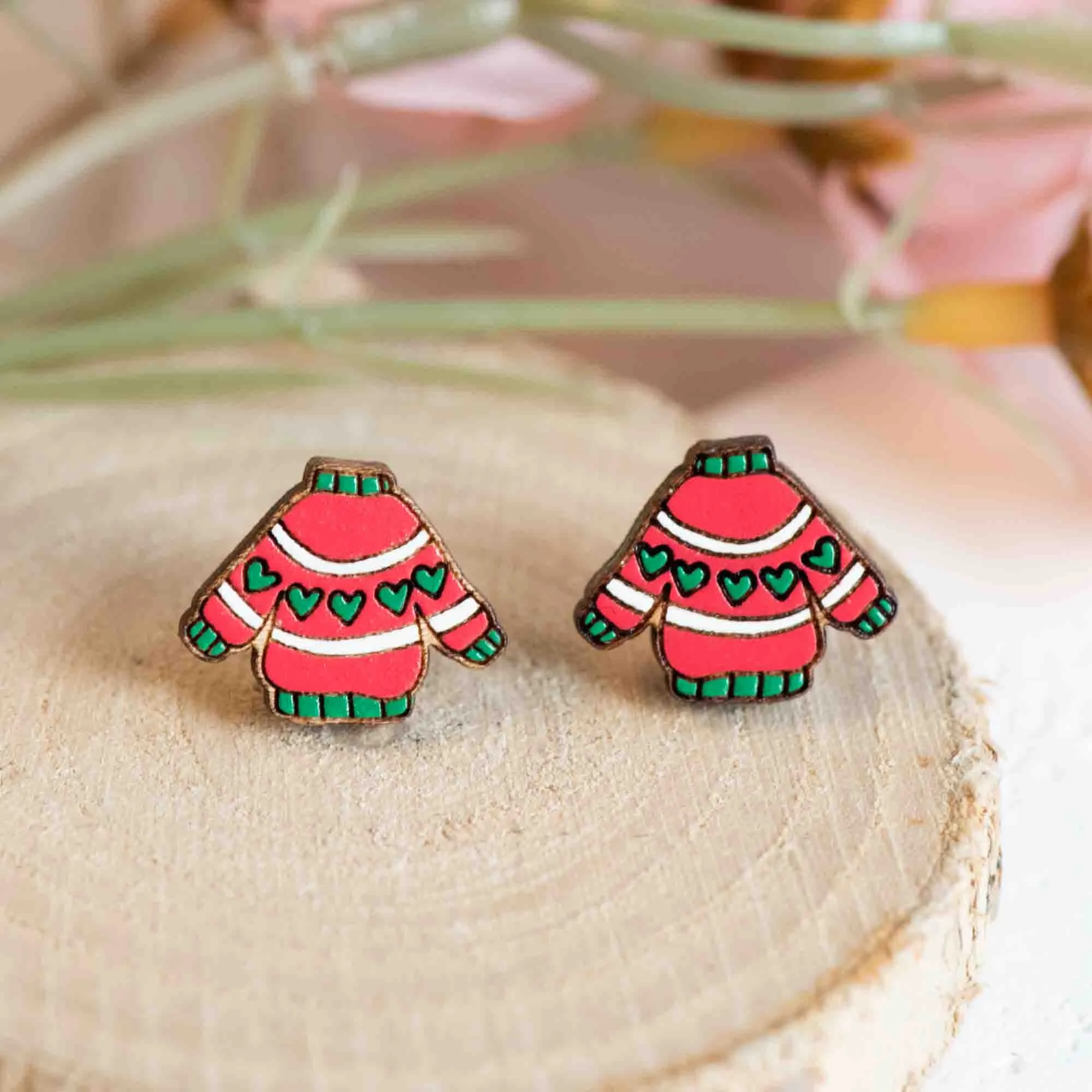 Hand-painted Christmas Red Jumper Wooden Earrings - PET15321