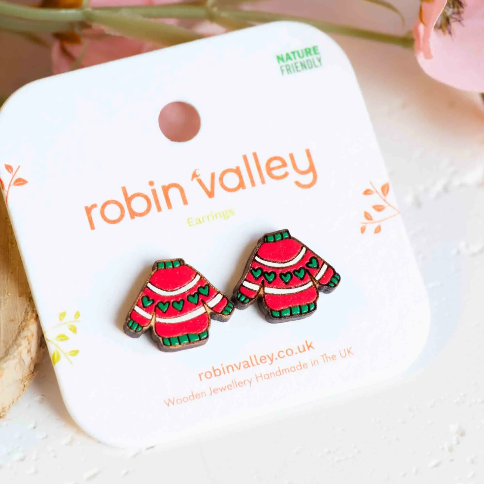 Hand-painted Christmas Red Jumper Wooden Earrings - PET15321