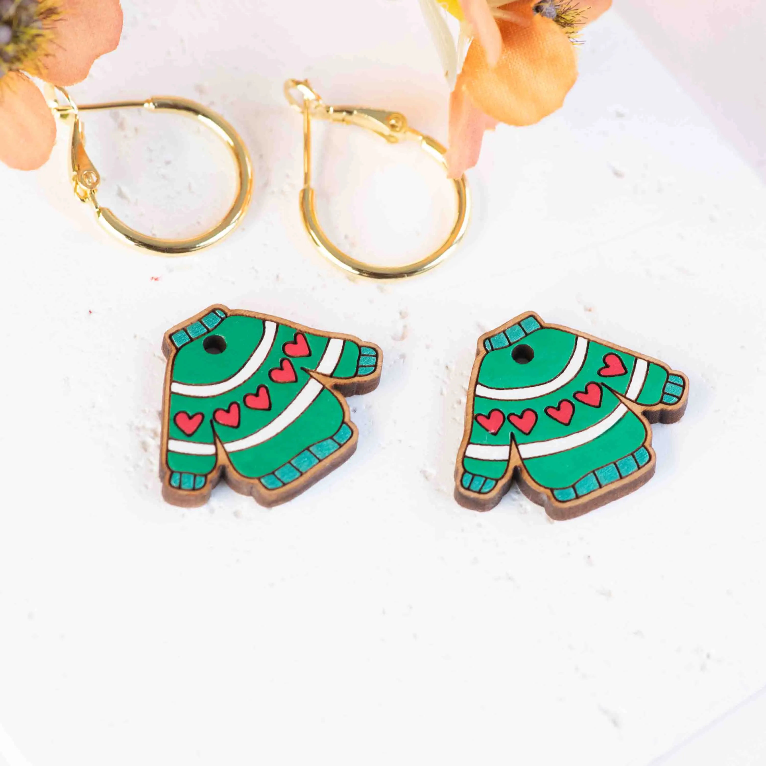 Hand-Painted Green Christmas Jumper Hoop Earrings - PET15207H