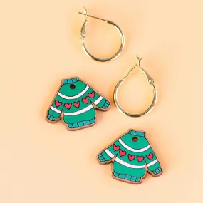 Hand-Painted Green Christmas Jumper Hoop Earrings - PET15207H