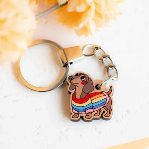 Hand-painted Rainbow Jumper Dachshund Wooden Keyring - KL20309