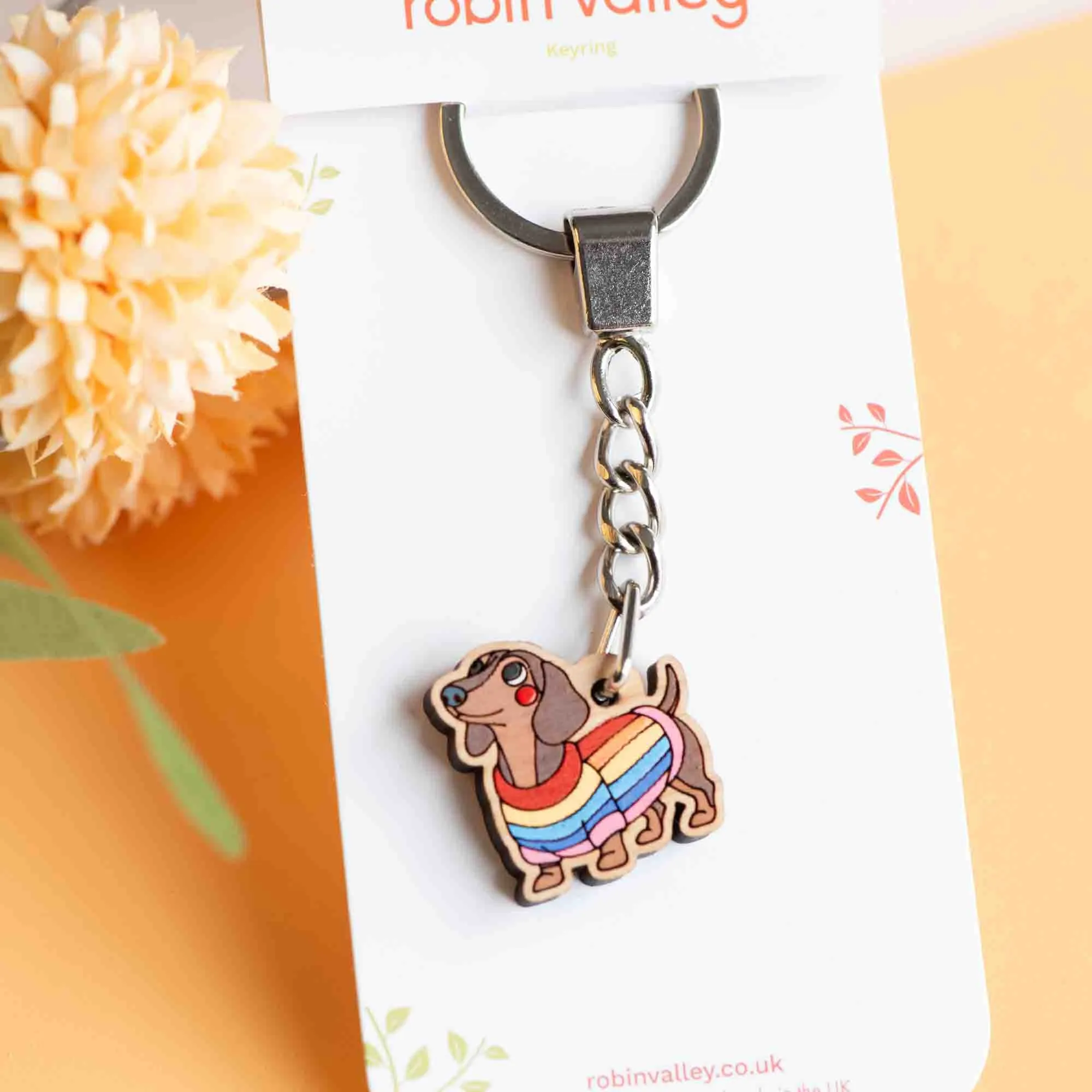 Hand-painted Rainbow Jumper Dachshund Wooden Keyring - KL20309