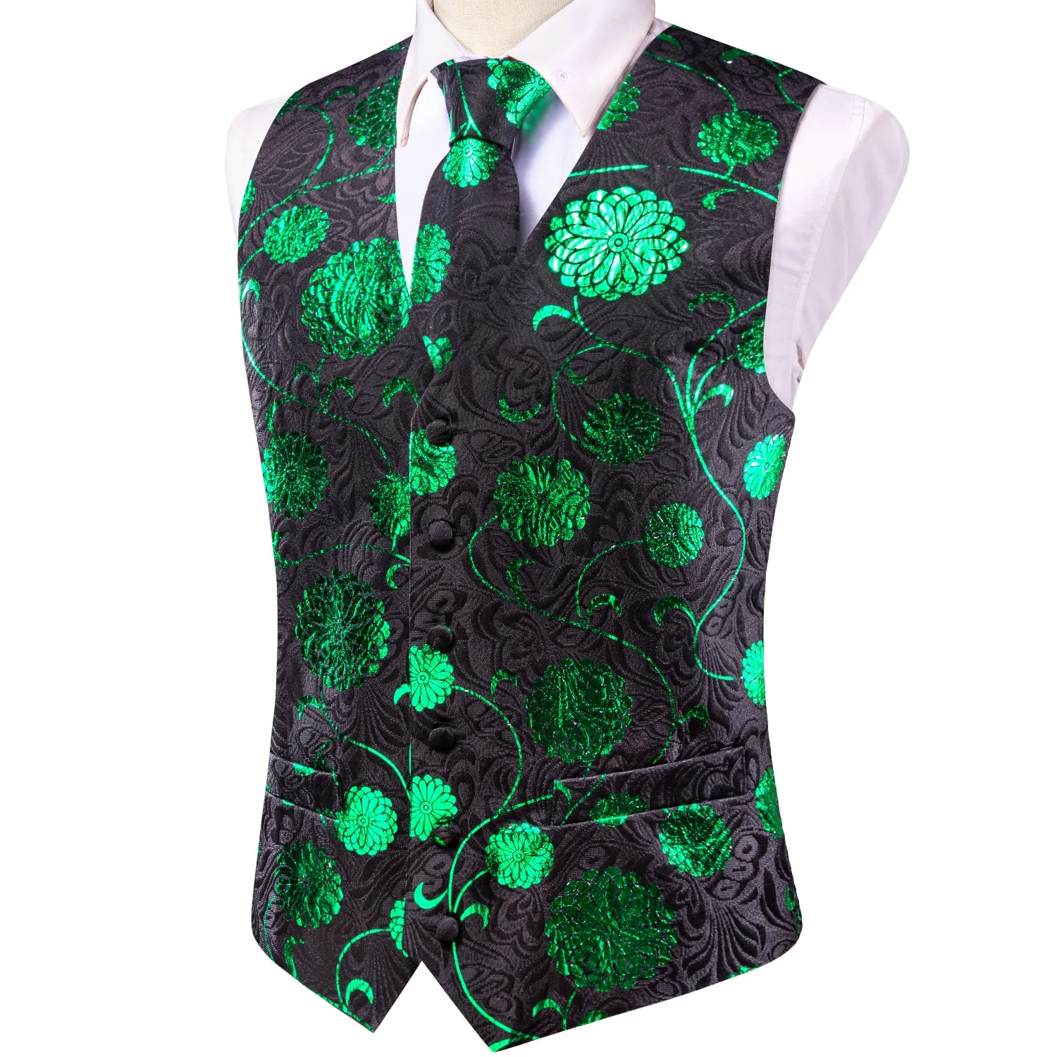 Hi-Tie Wedding Top Black Green Floral Men Vest Hanky Cufflinks Tie Set