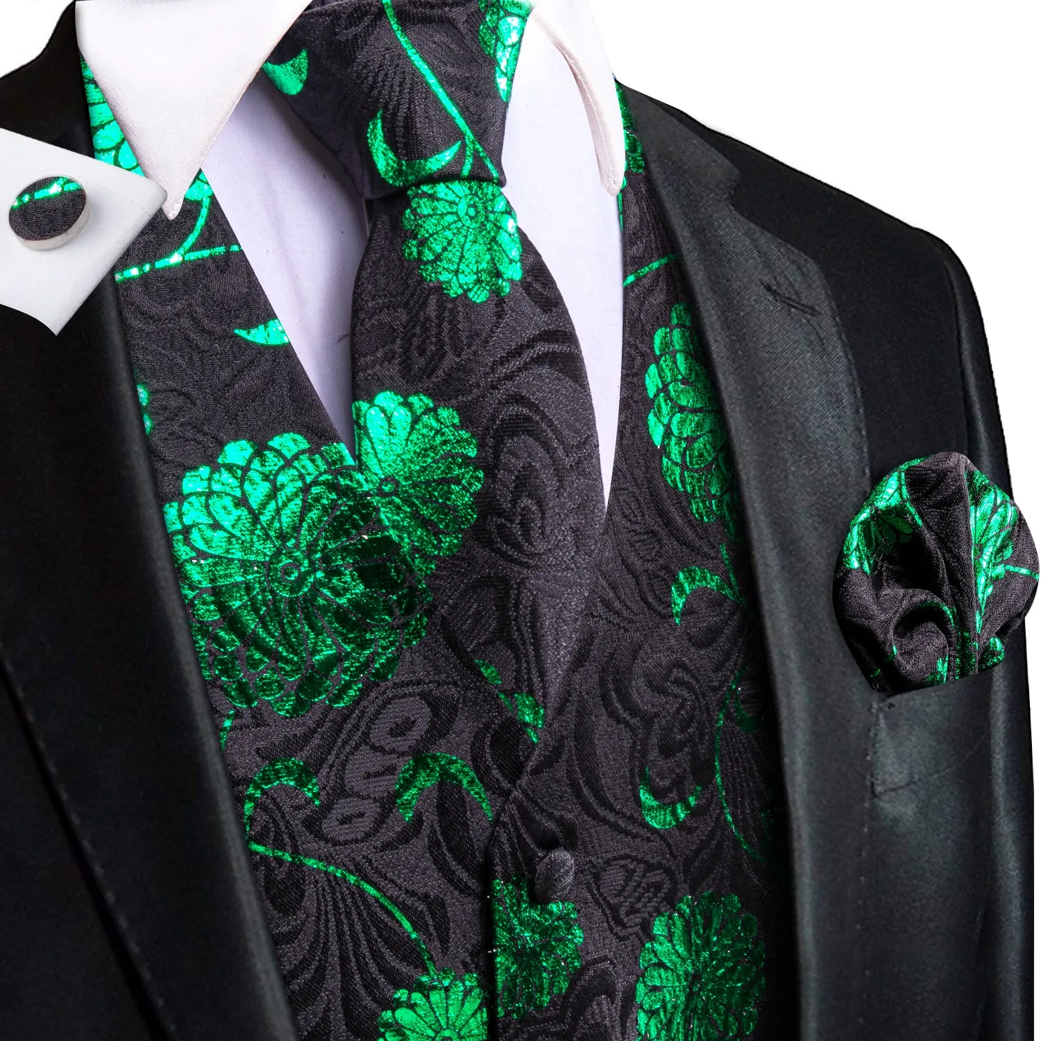 Hi-Tie Wedding Top Black Green Floral Men Vest Hanky Cufflinks Tie Set