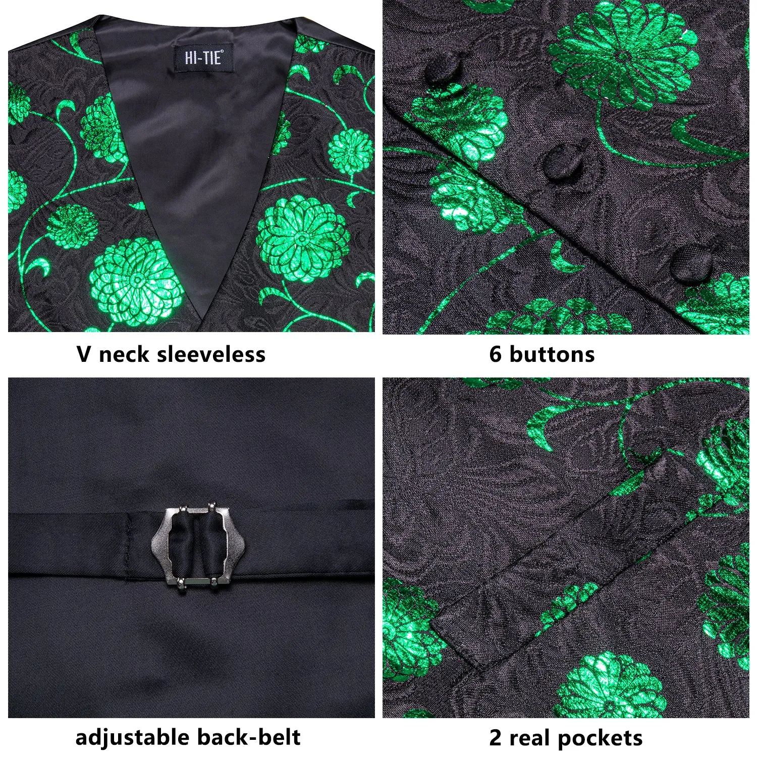 Hi-Tie Wedding Top Black Green Floral Men Vest Hanky Cufflinks Tie Set