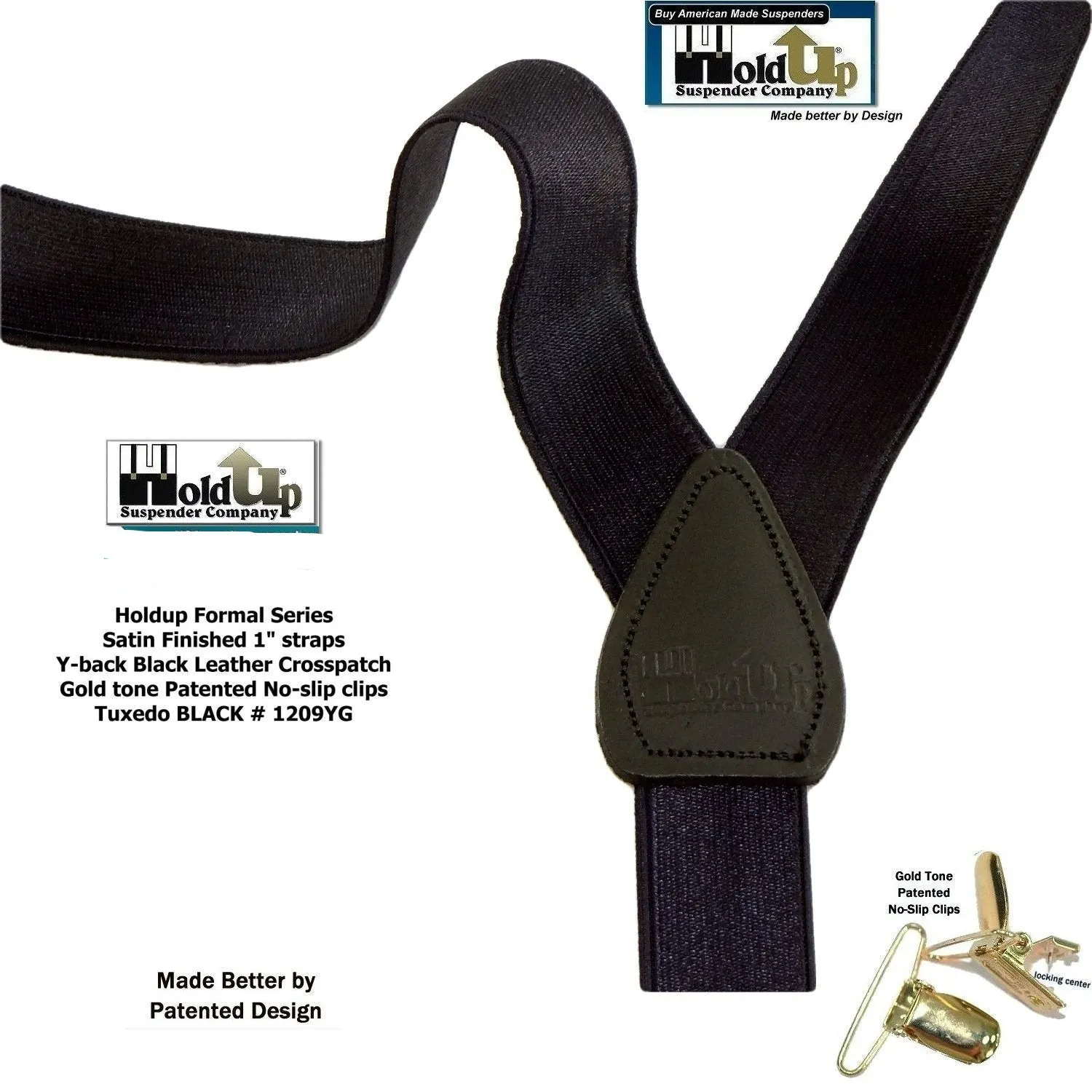 Holdup Brand Black Formal Series 1" Satin Finished Suspenders in Y-back with Gold No-slip Clips