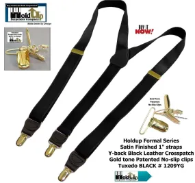 Holdup Brand Black Formal Series 1" Satin Finished Suspenders in Y-back with Gold No-slip Clips