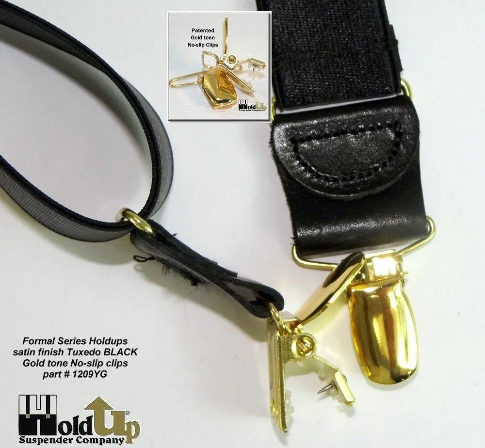 Holdup Brand Black Formal Series 1" Satin Finished Suspenders in Y-back with Gold No-slip Clips