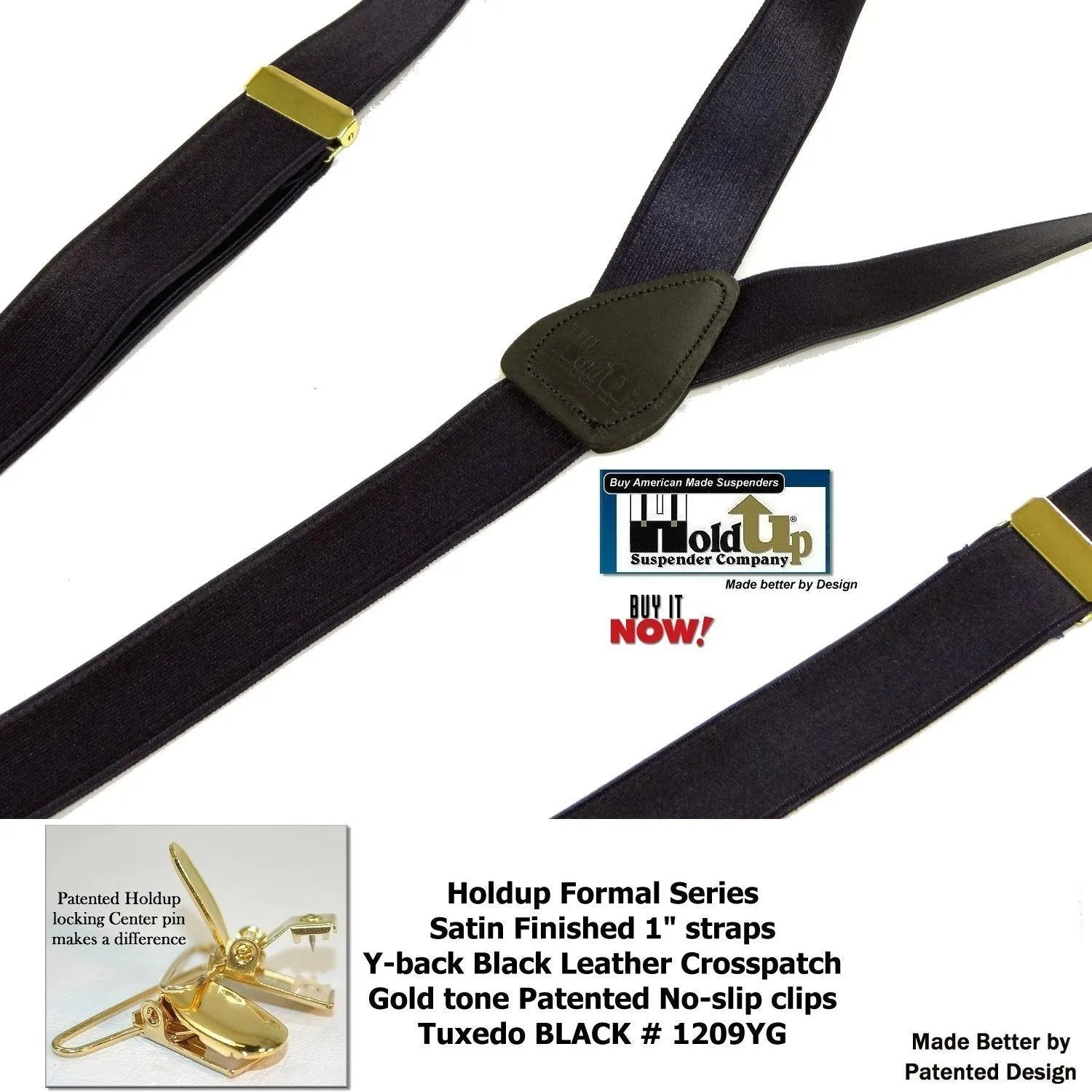 Holdup Brand Black Formal Series 1" Satin Finished Suspenders in Y-back with Gold No-slip Clips