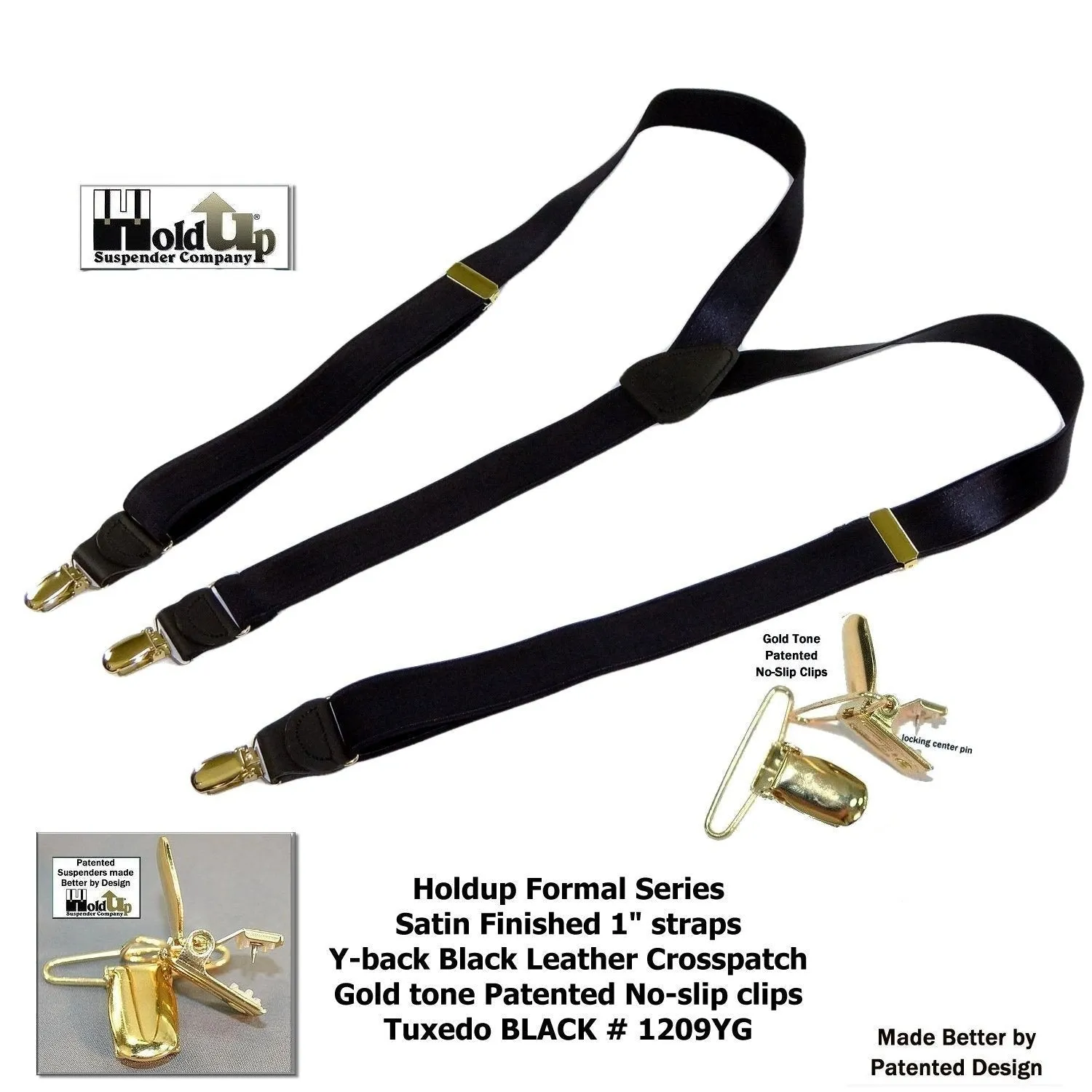 Holdup Brand Black Formal Series 1" Satin Finished Suspenders in Y-back with Gold No-slip Clips