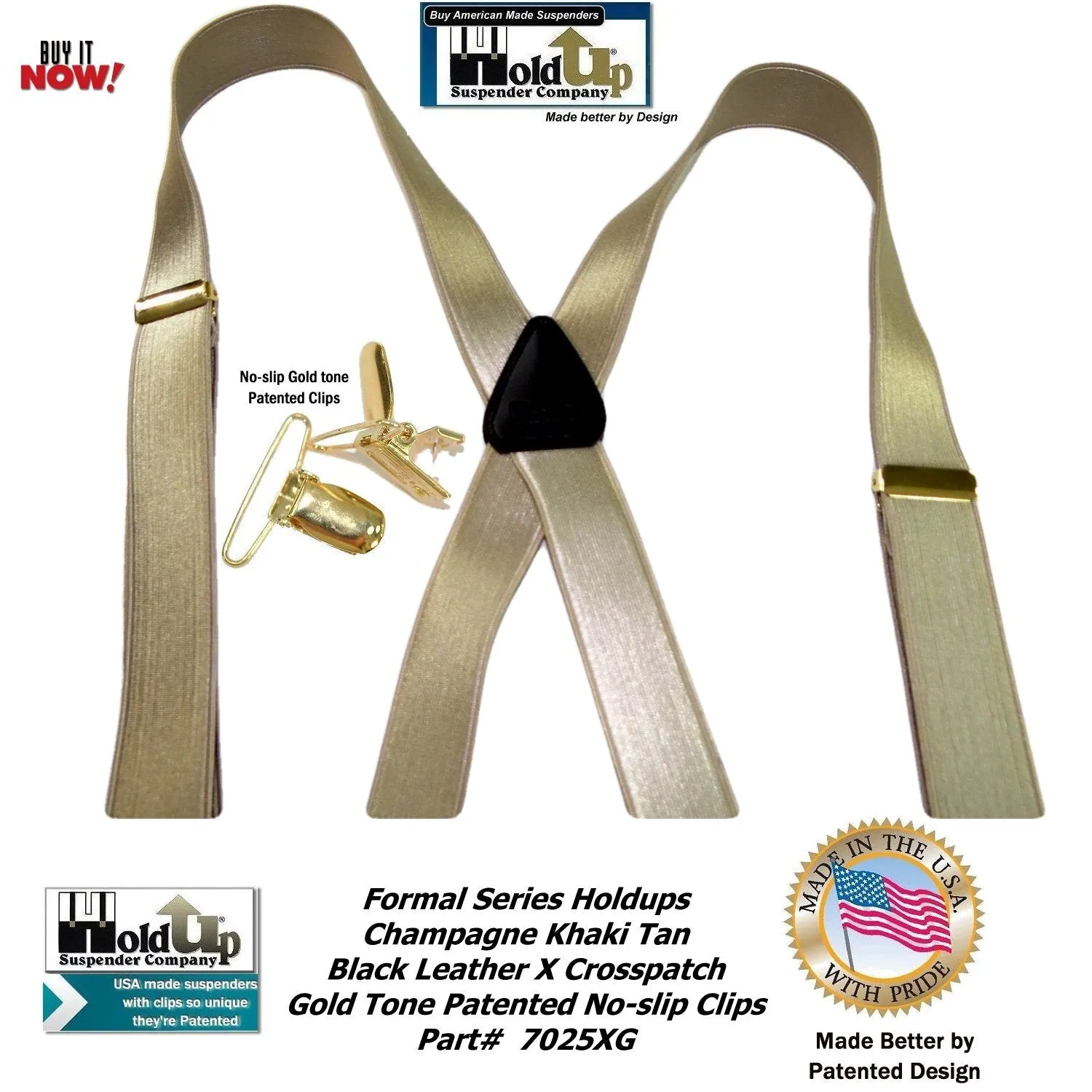 Holdup Golden Champagne Tan 1" Wide Formal Series Satin Finished X-back Suspenders With Gold-Tone No-Slip Clips