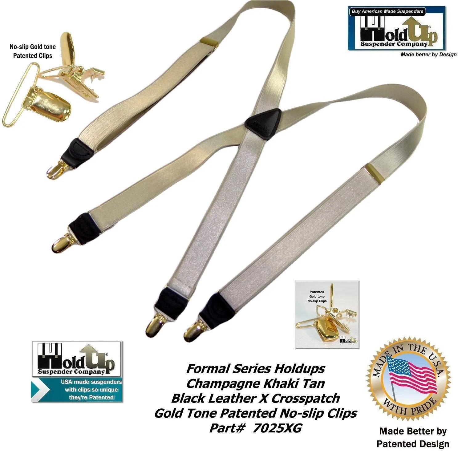 Holdup Golden Champagne Tan 1" Wide Formal Series Satin Finished X-back Suspenders With Gold-Tone No-Slip Clips