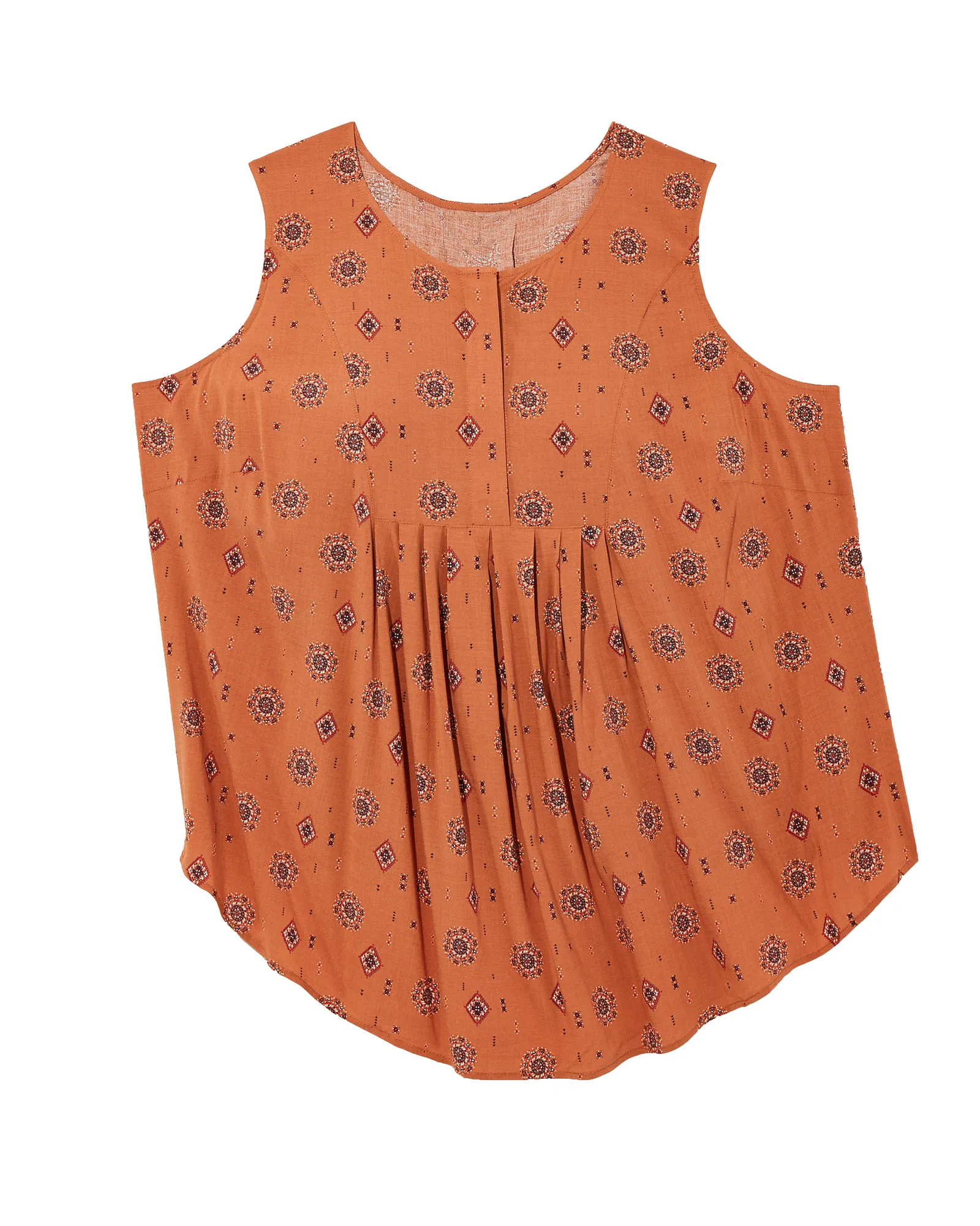 Honora Sleeveless Printed Blouse with Pleats | Orange / Navy