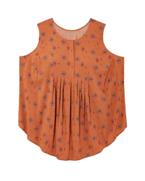 Honora Sleeveless Printed Blouse with Pleats | Orange / Navy