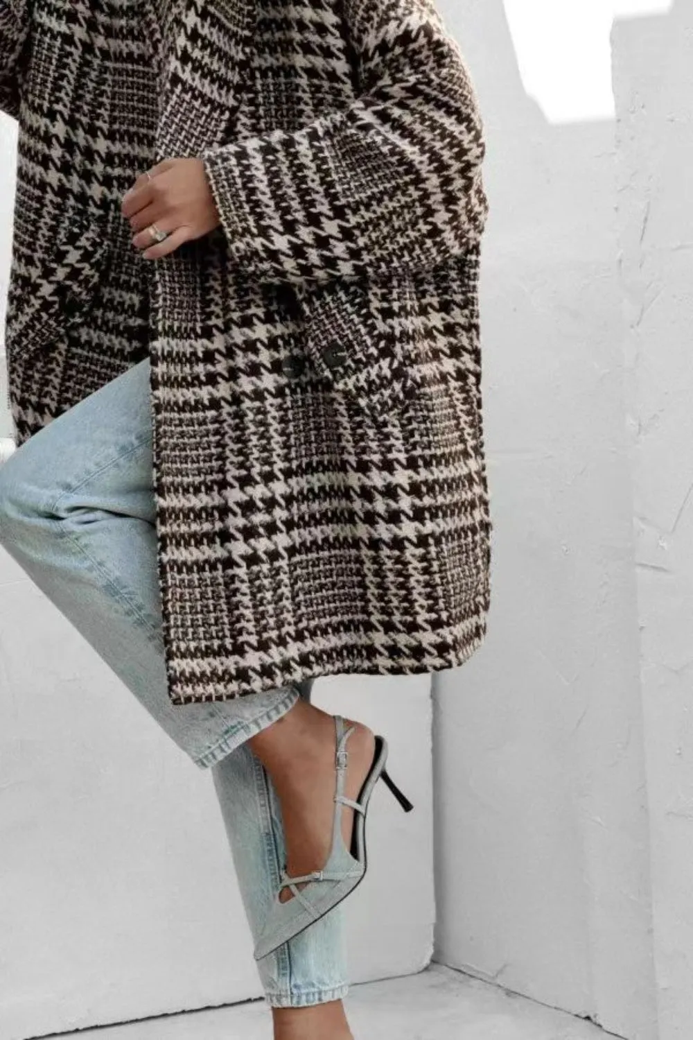 Houndstooth Collared Neck Long Sleeve Coat with Pockets