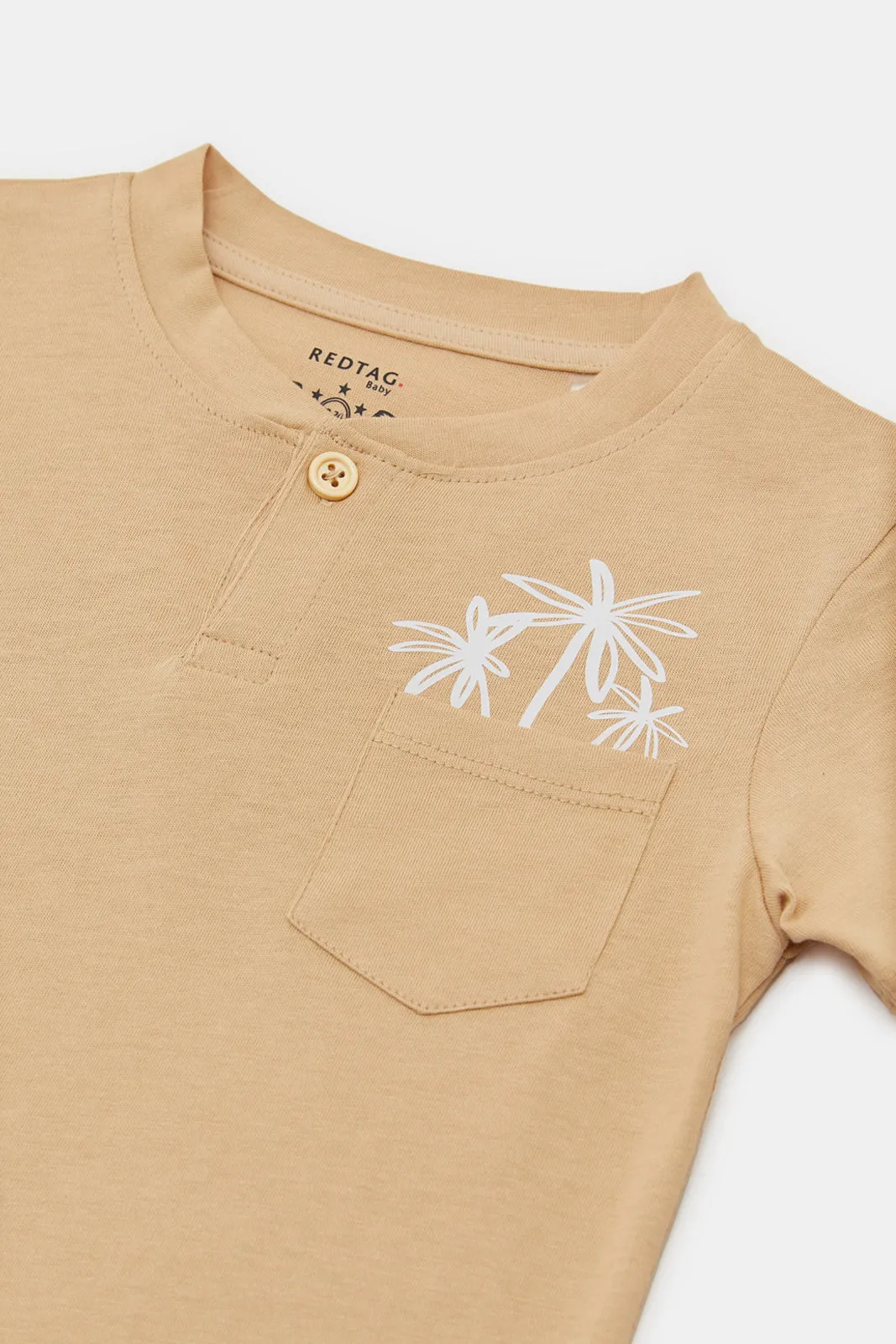 Infant Boys Beige Leaves Print Henley T-Shirt