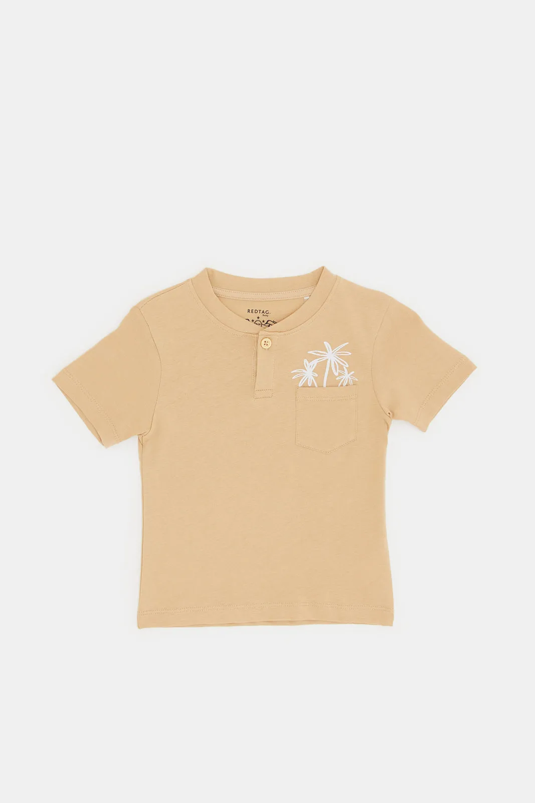 Infant Boys Beige Leaves Print Henley T-Shirt