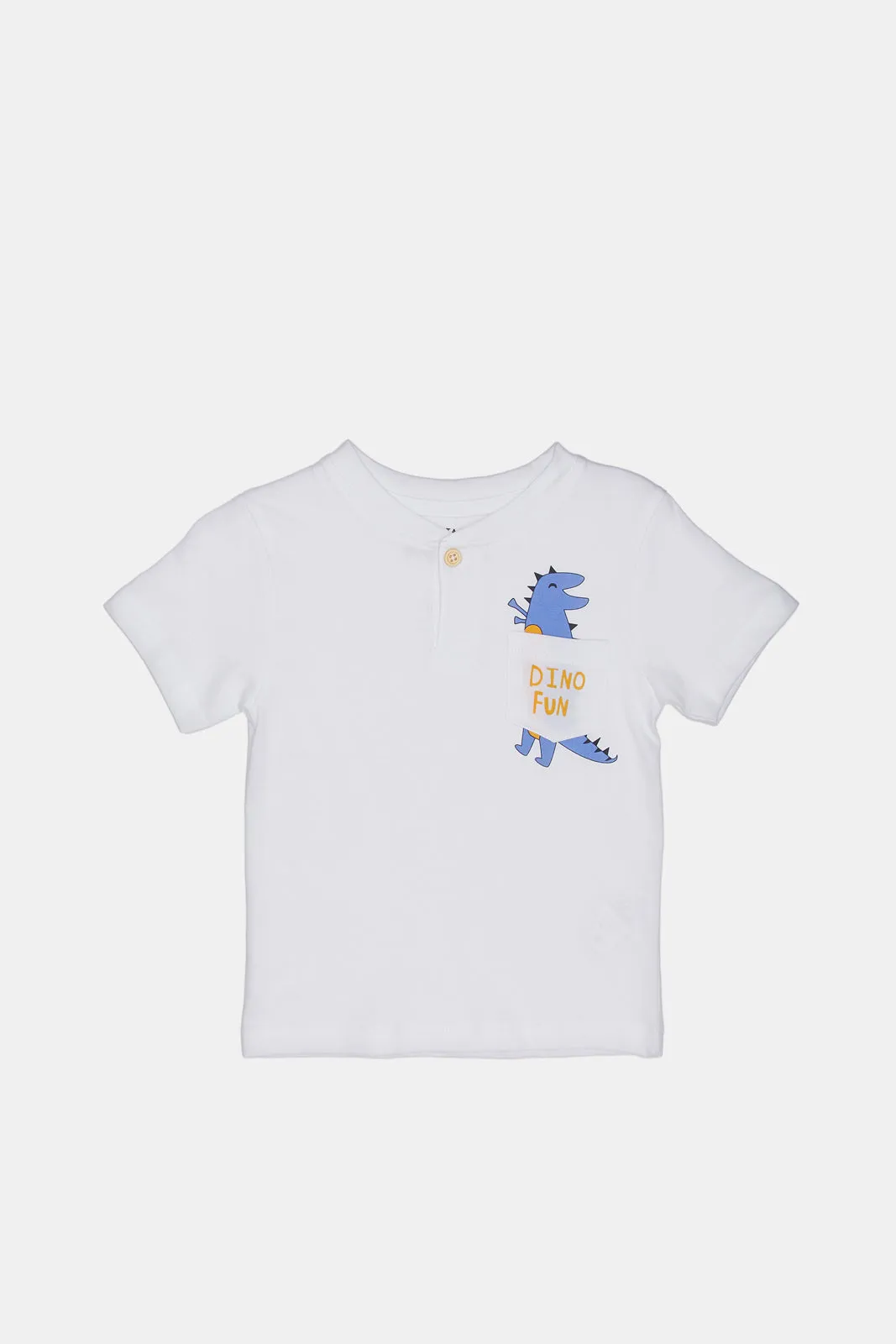 Infant Boys White Dino Print Henley T-Shirt