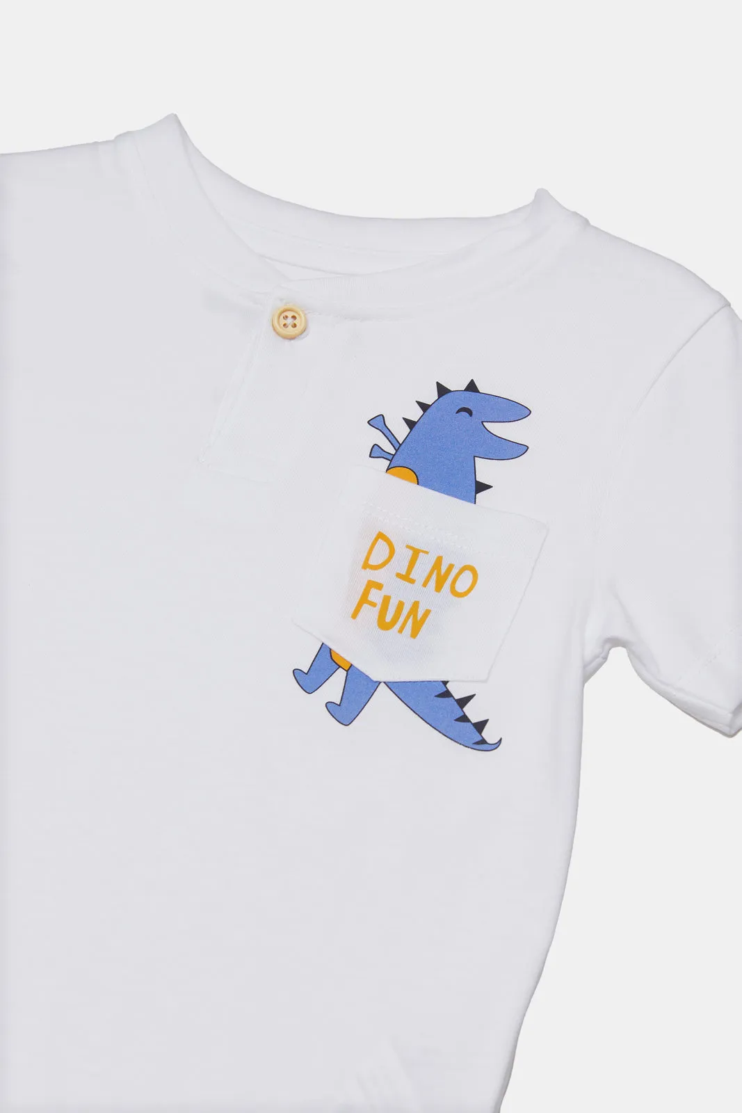 Infant Boys White Dino Print Henley T-Shirt