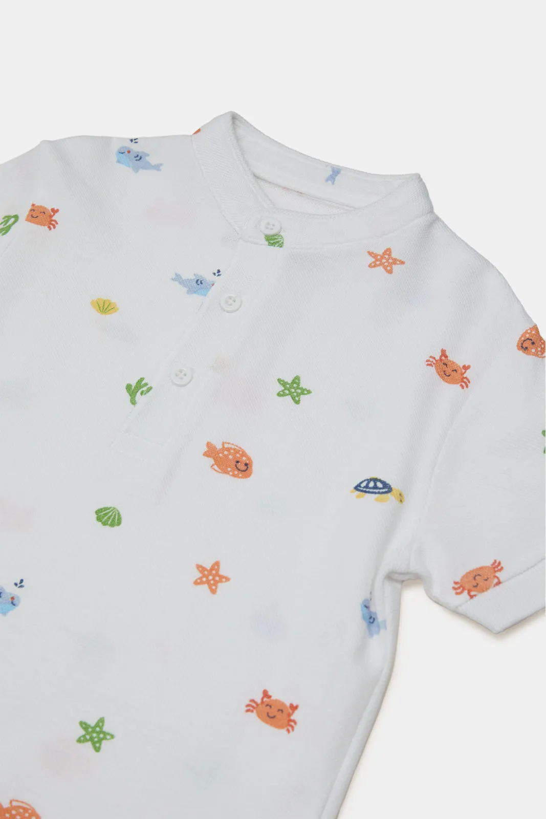 Infant Boys White Sea Fish Printed Henley Polo