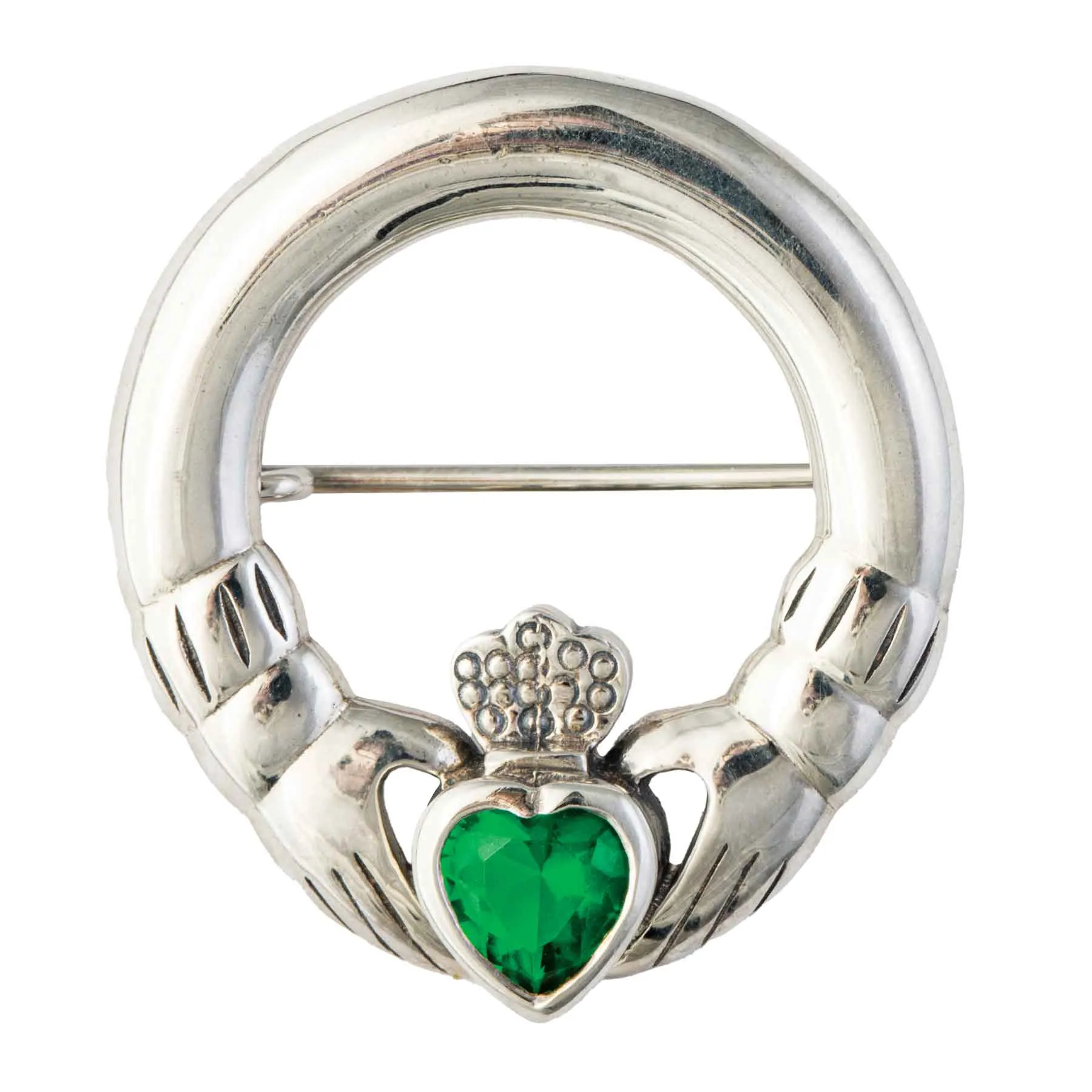 Irish Claddagh Silver Brooch Pin with Gem