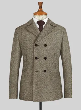 Italian Highlander Stone Beige Herringbone Tweed Pea Coat