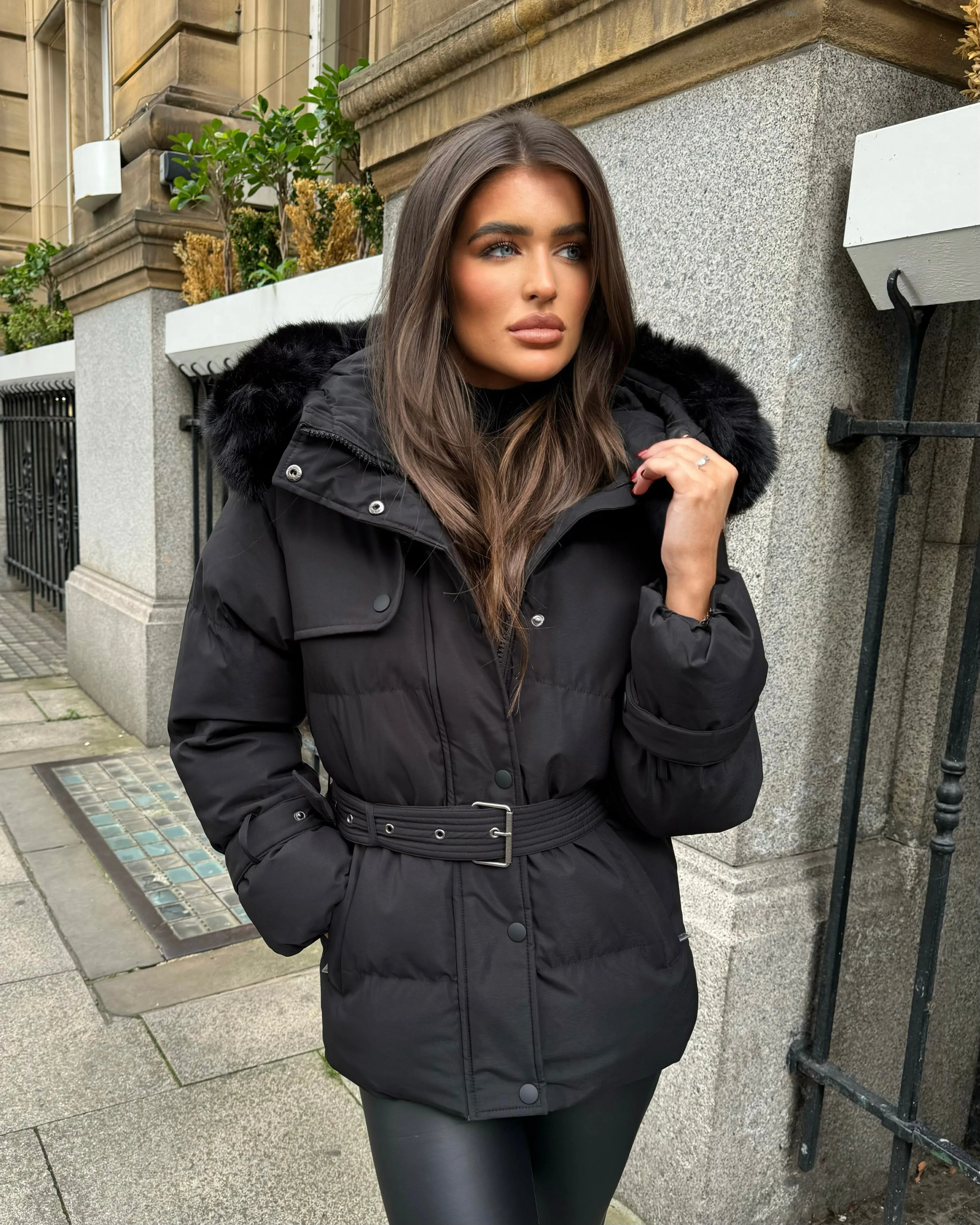 Kelsey Padded Faux Fur Hooded Coat - Black