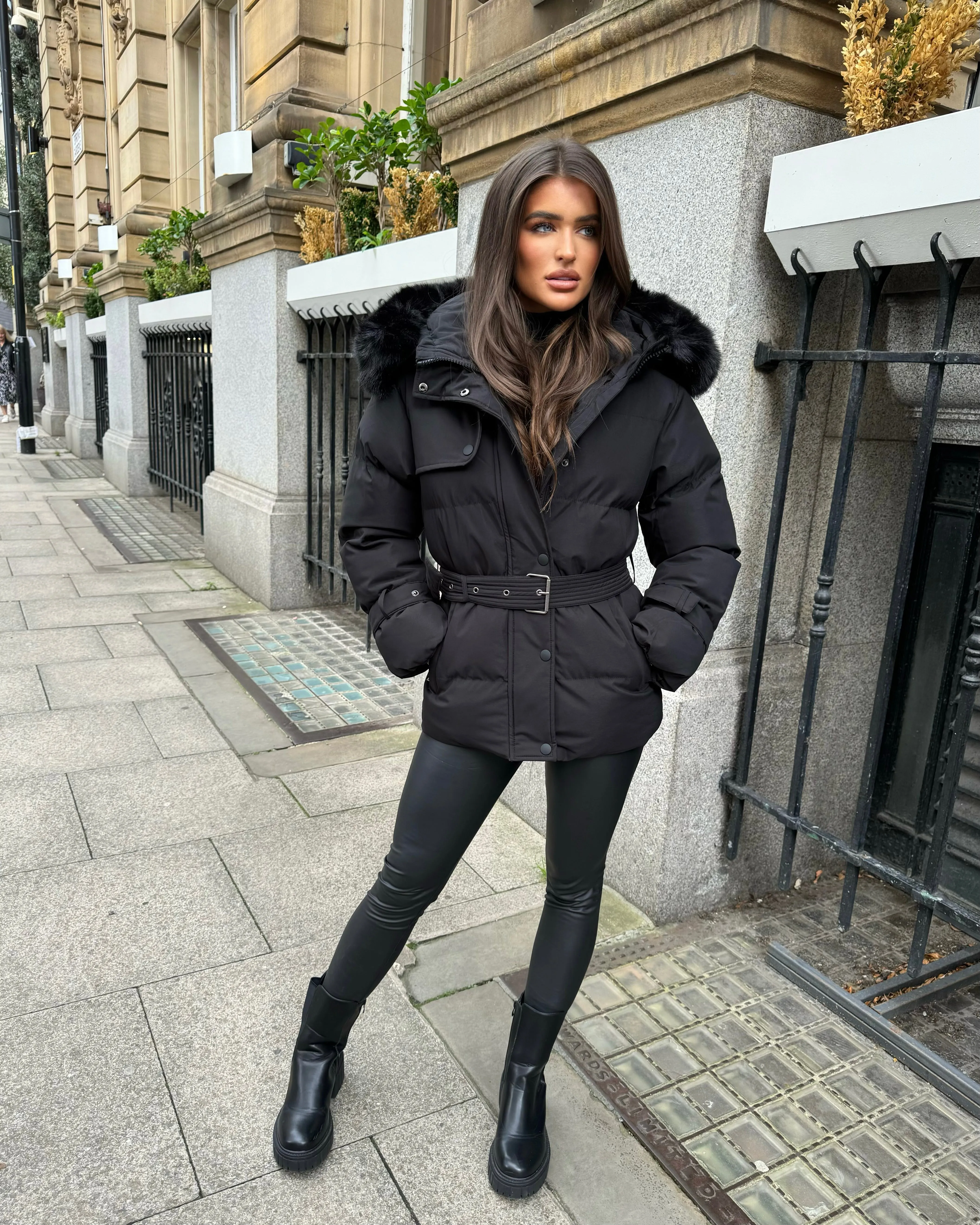 Kelsey Padded Faux Fur Hooded Coat - Black