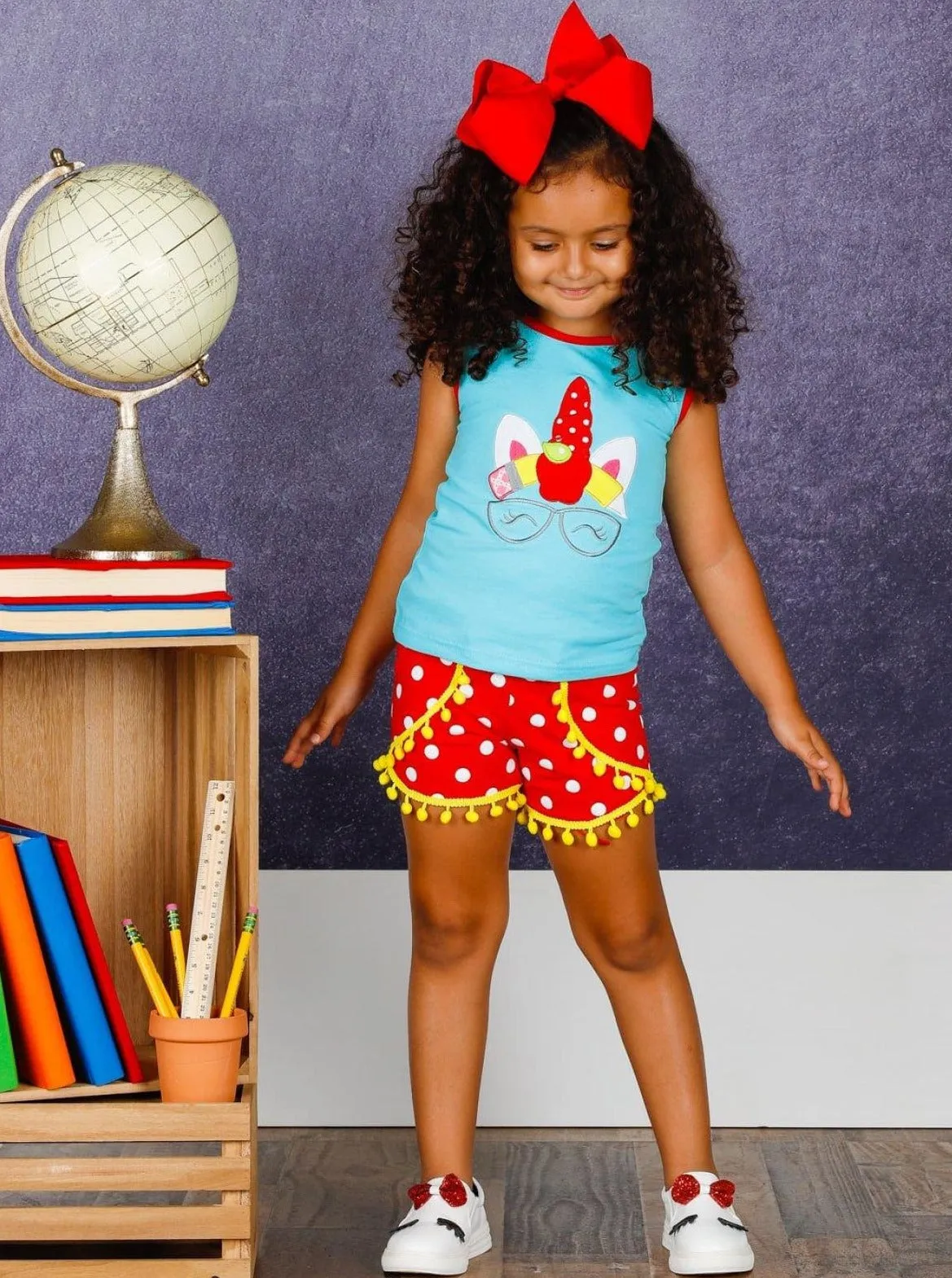 Kindergarten Unicorn Top And Pom Pom Short Set