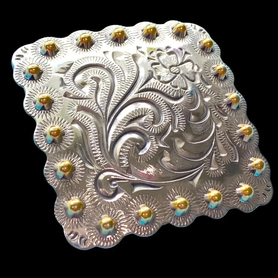 Large 2-1/4" Square Concho: Silver/Gold Flower Engraved  Screwback  #SWM-11