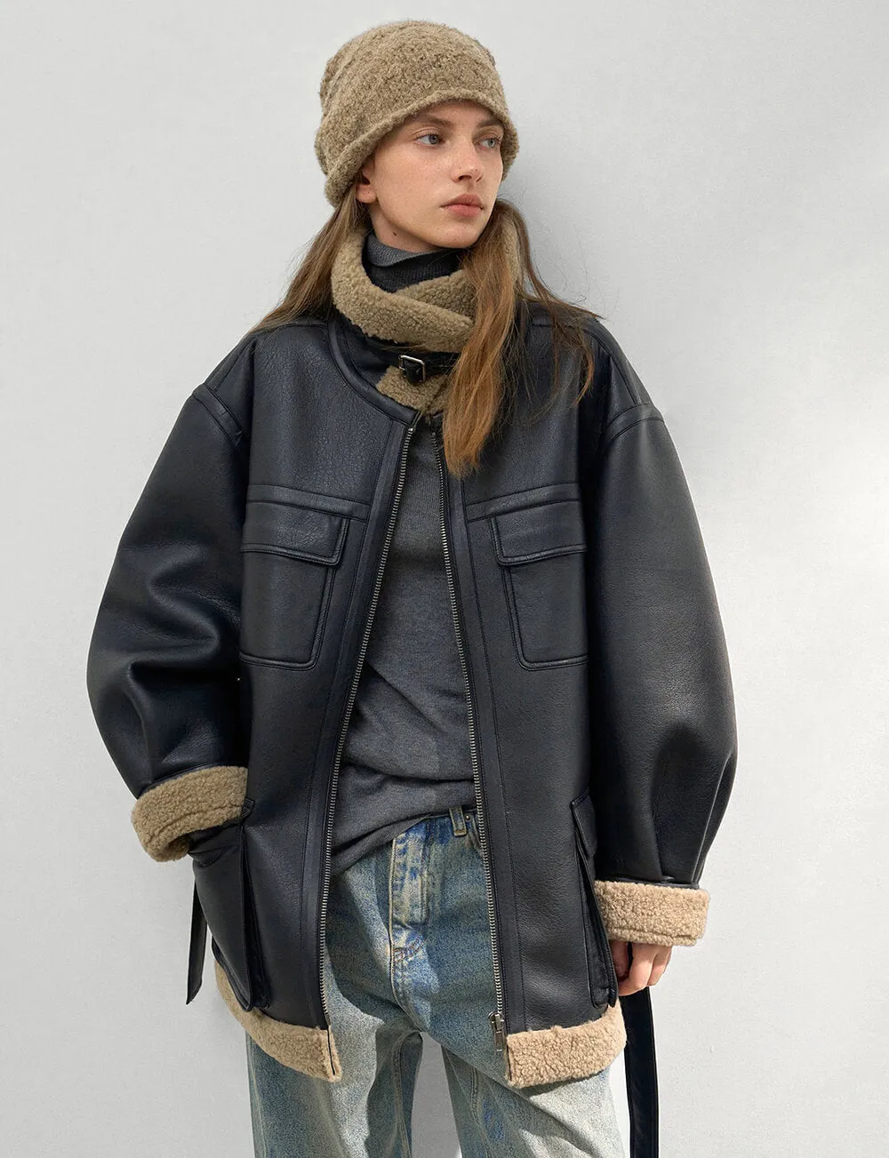 Leather Shearling Cargo Pocket Coat