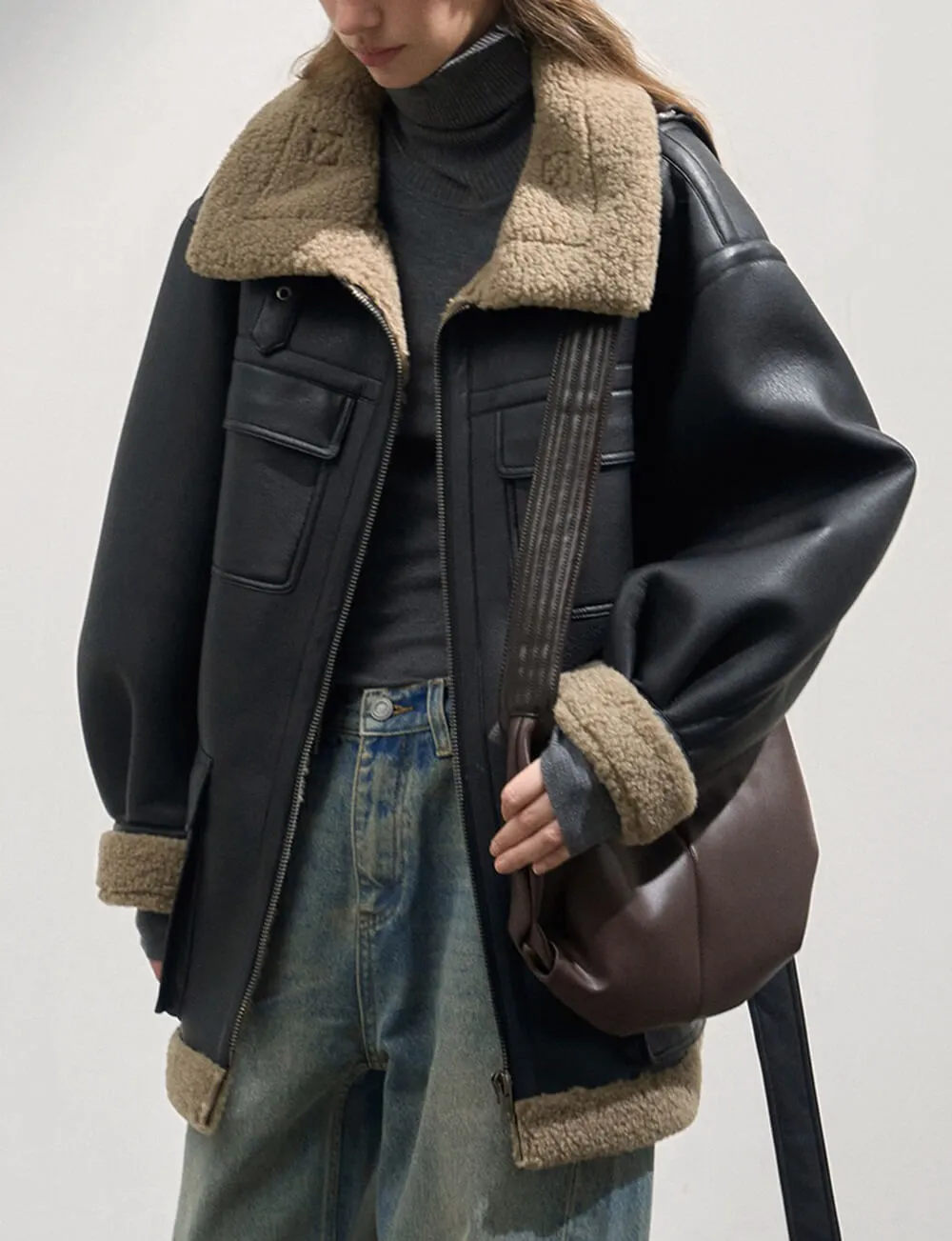 Leather Shearling Cargo Pocket Coat