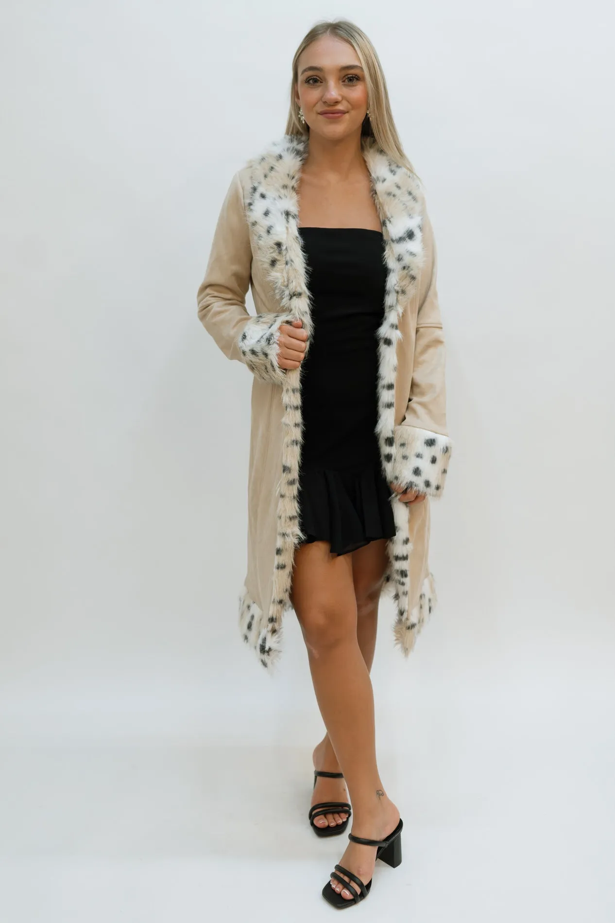 Leopard Fur Trim Suede Coat