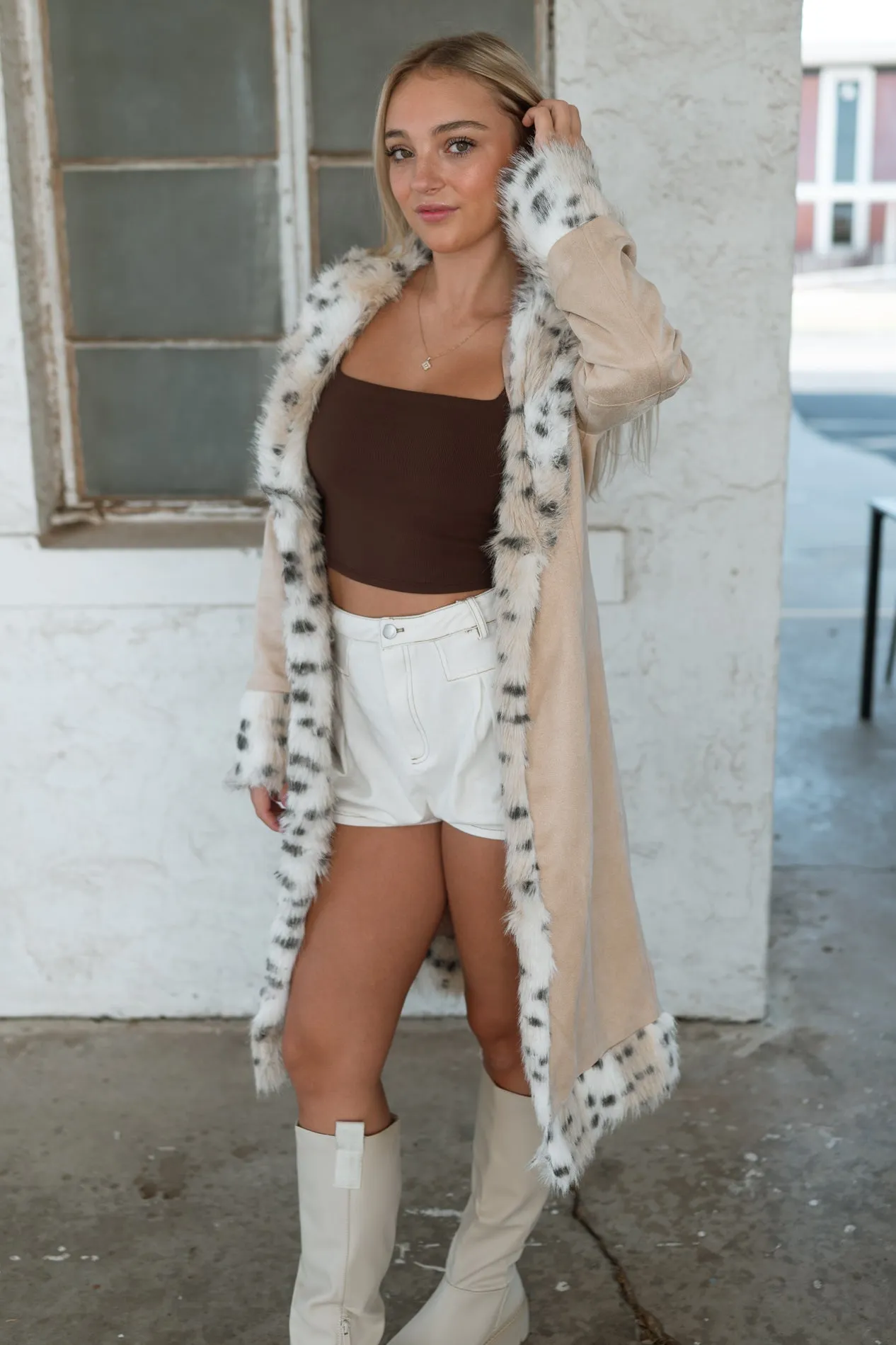 Leopard Fur Trim Suede Coat