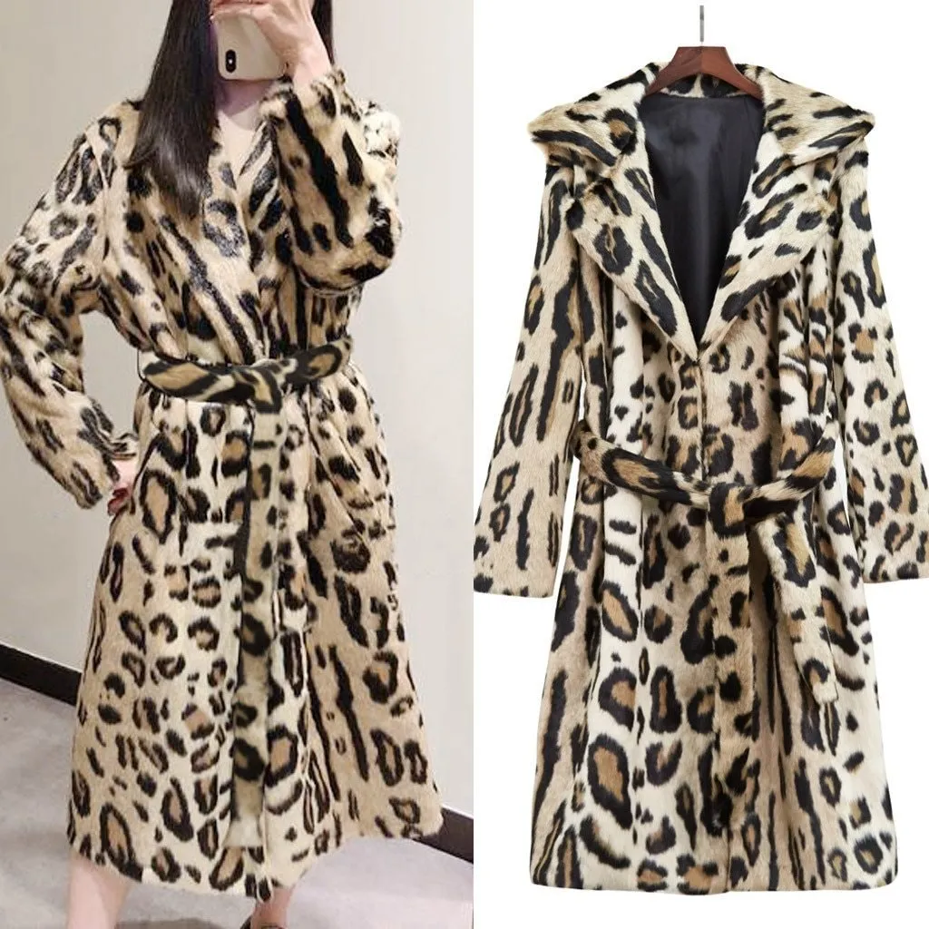 Leopard Long Wool Pellet Coat With Belt