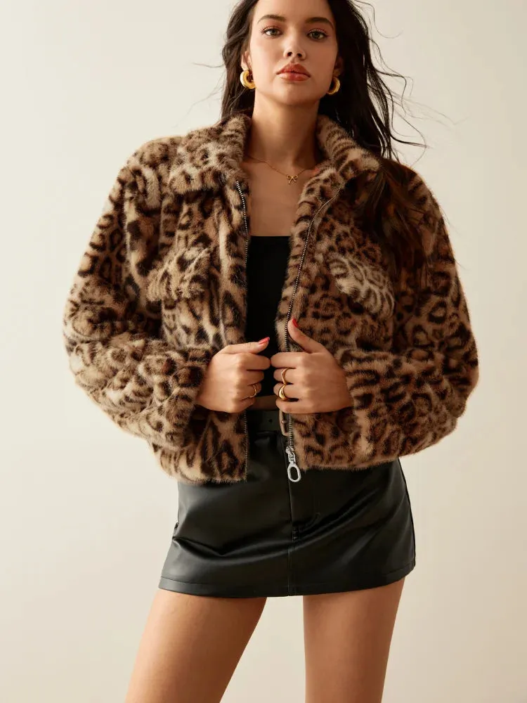 Leopard Print Faux Fur Jacket for Women - Warm & Stylish