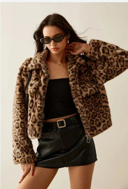 Leopard Print Faux Fur Jacket for Women - Warm & Stylish