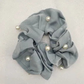 Light Blue Pearl Scrunchie in Satin