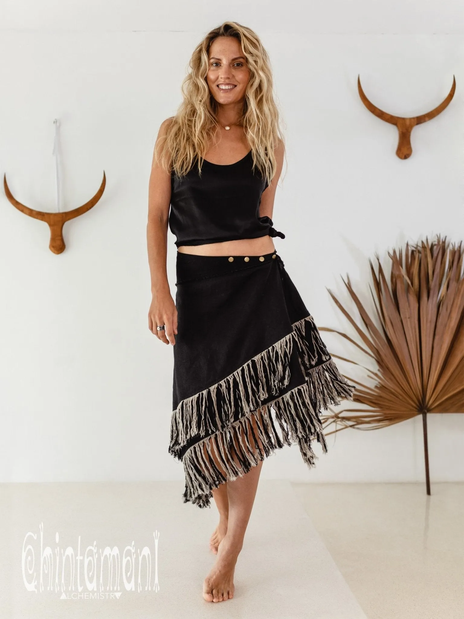 Linen Boho Wrap Skirt with Fringes / Black