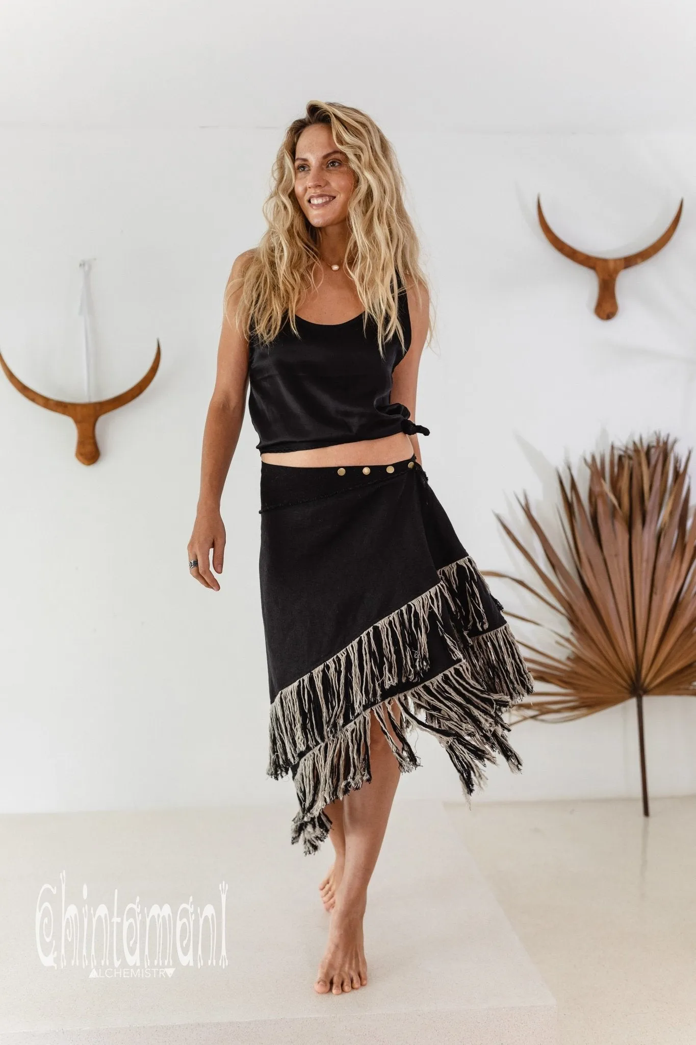 Linen Boho Wrap Skirt with Fringes / Black