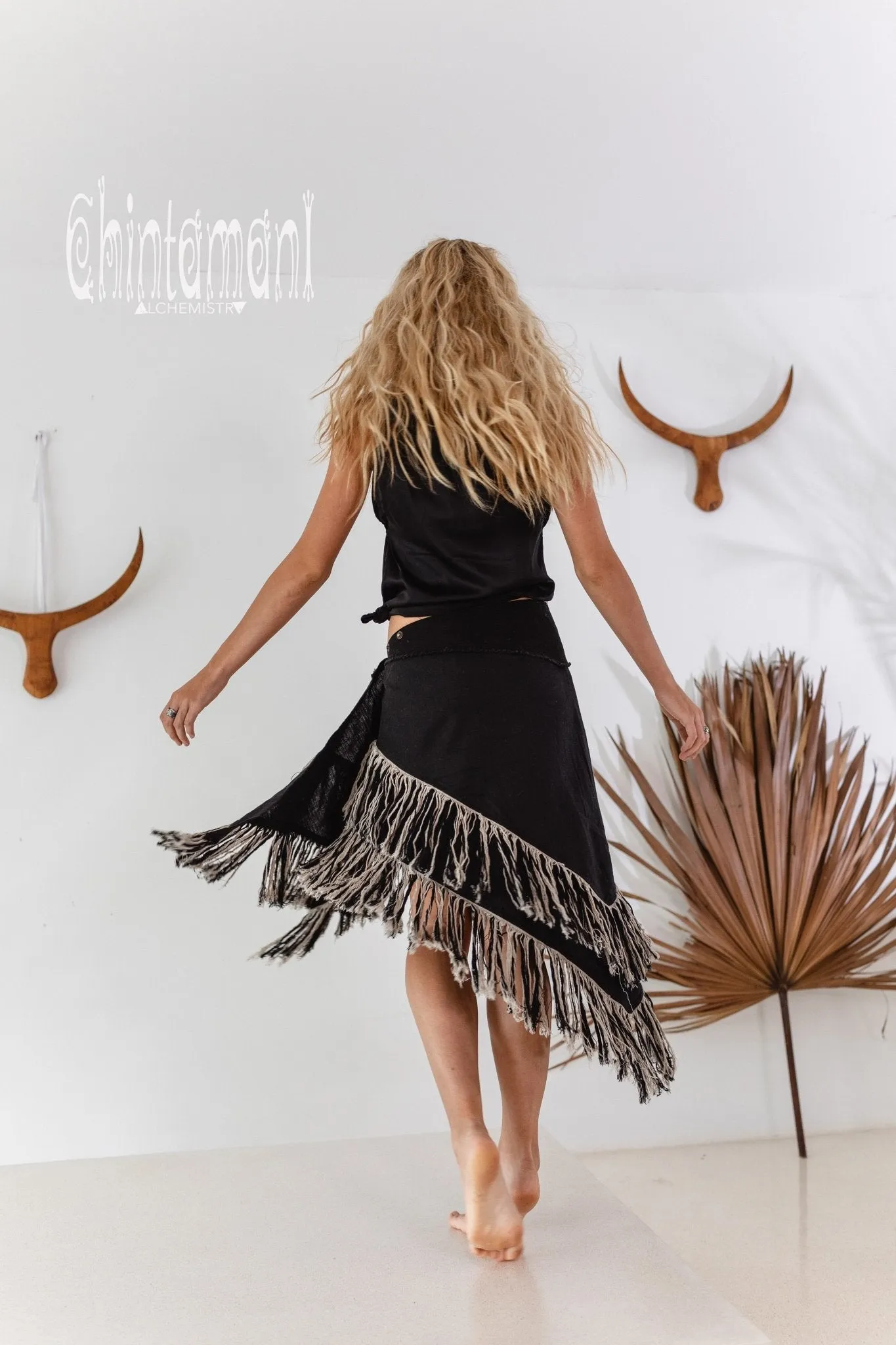 Linen Boho Wrap Skirt with Fringes / Black