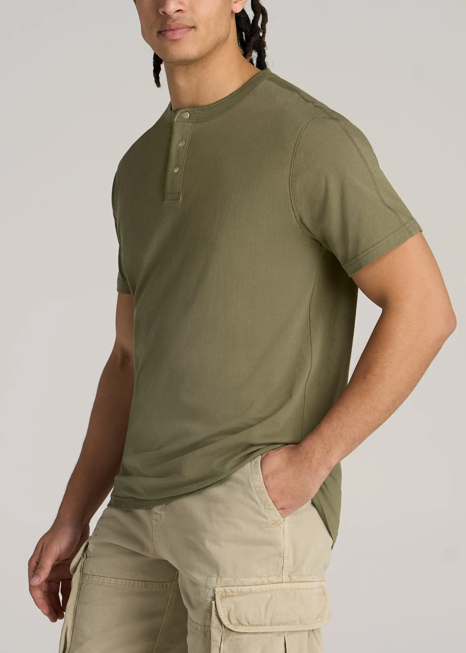 LJ&S REGULAR-FIT Jersey Henley Tee for Tall Men in Vintage Moss Green