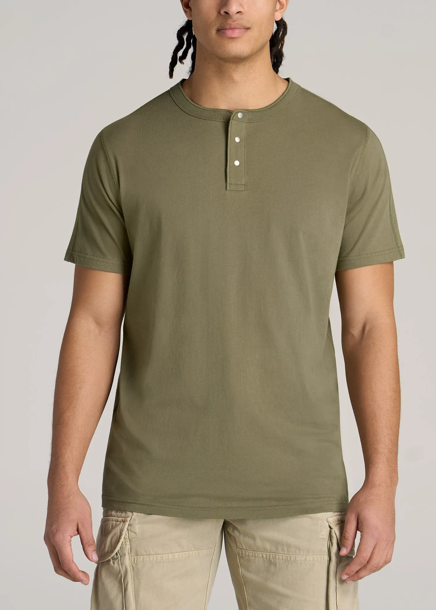 LJ&S REGULAR-FIT Jersey Henley Tee for Tall Men in Vintage Moss Green