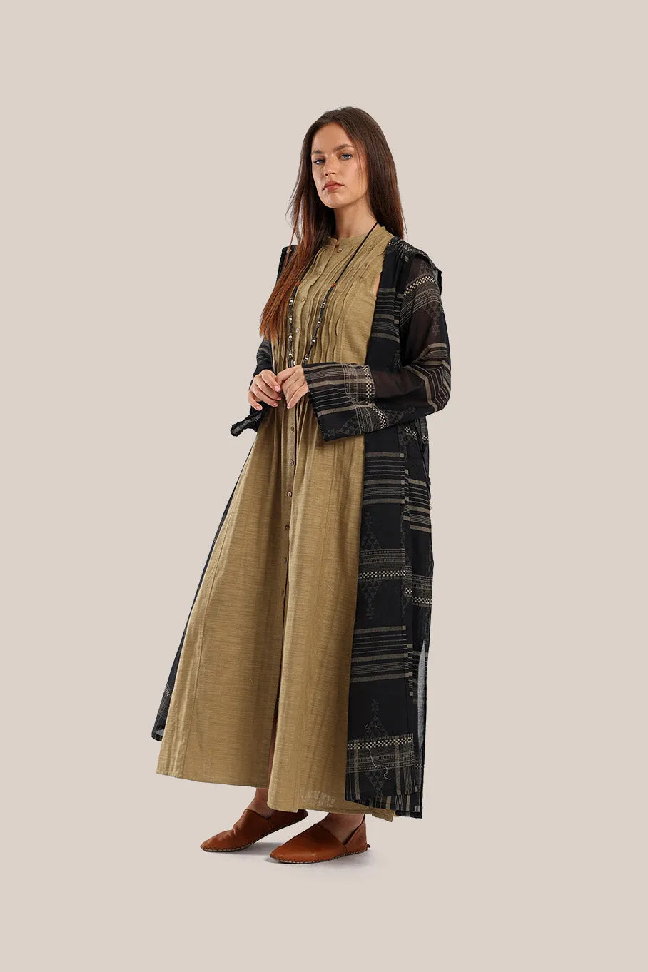 Long hooded coat in printed cotton