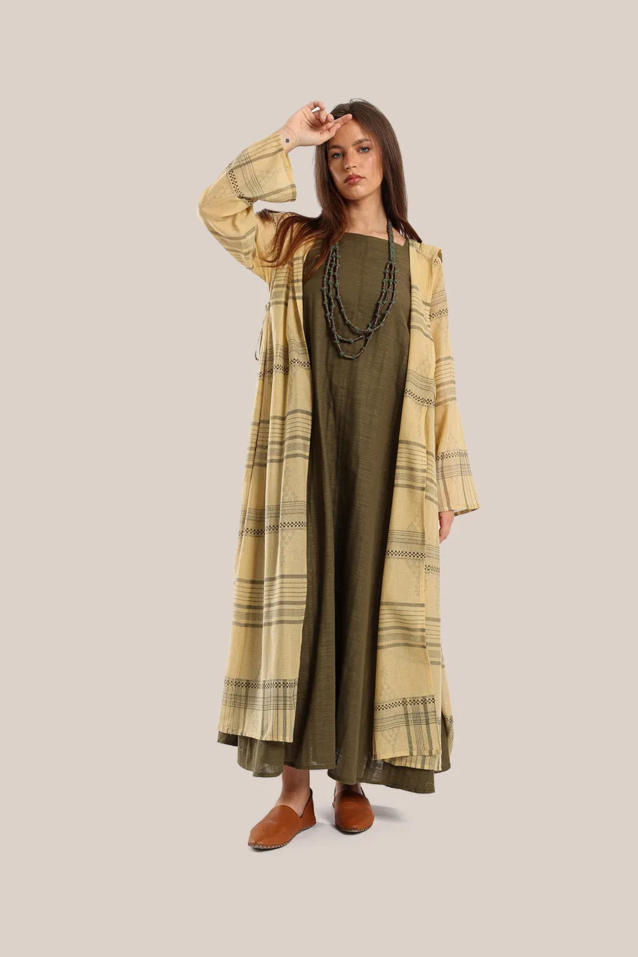 Long hooded coat in printed cotton